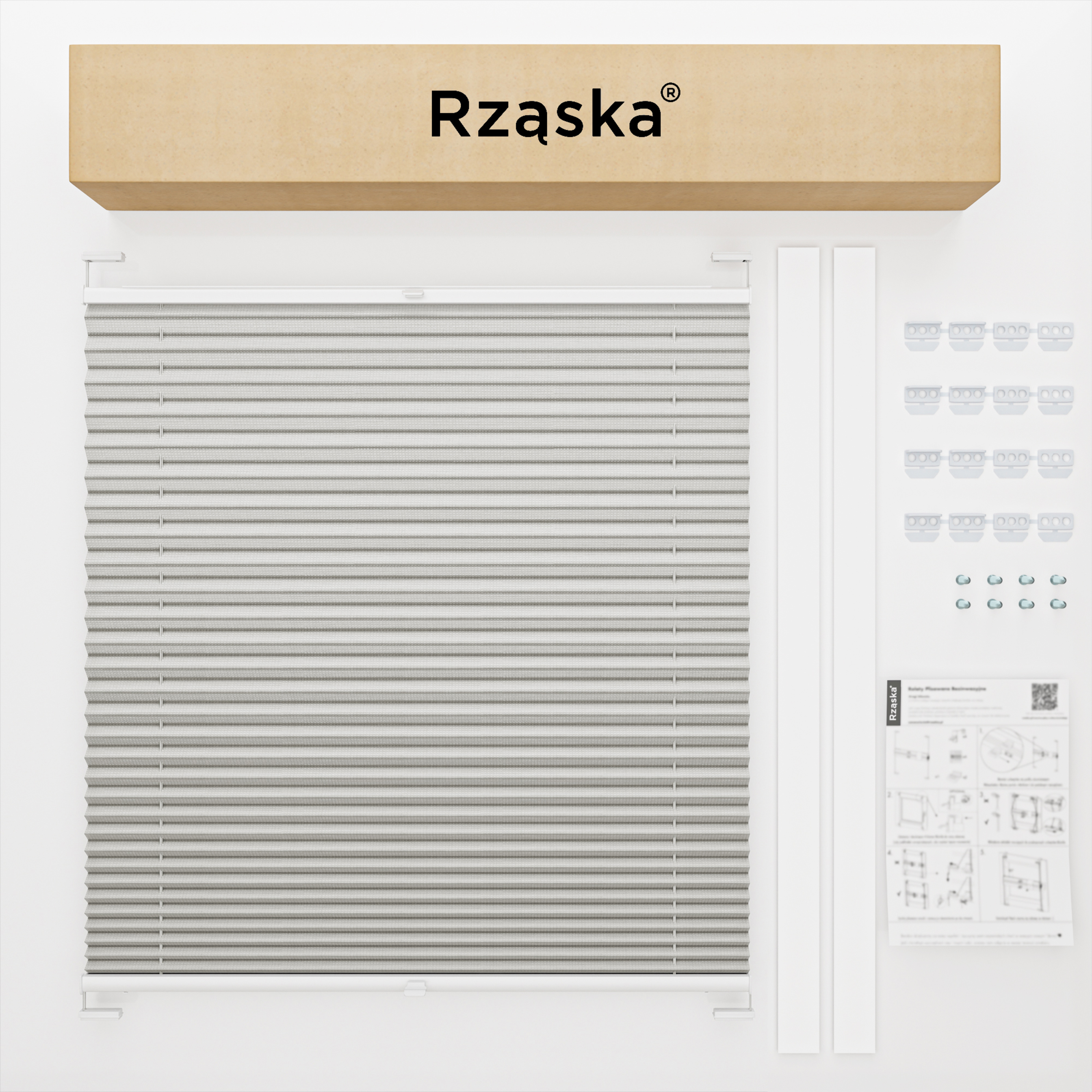 Roleta plisowana dachowa Rząska® na wymiar, uchwyty Risinfix do przykręcania, kolekcja Premium w kolorze Droga do domu, srebrnym z profilem białym.