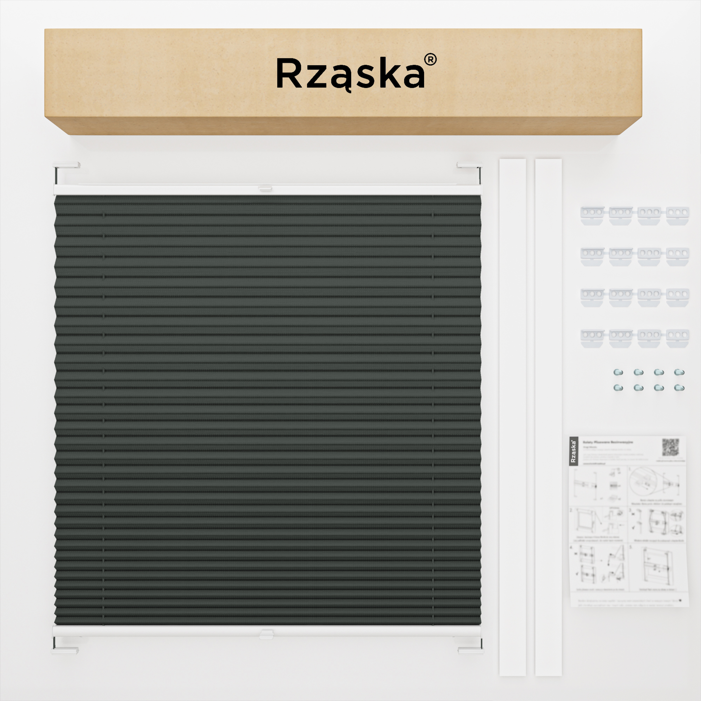 Roleta plisowana dachowa Rząska® na wymiar, uchwyty Risinfix do przykręcania, kolekcja Premium w kolorze Góry skalne, grafitowym z profilem białym.
