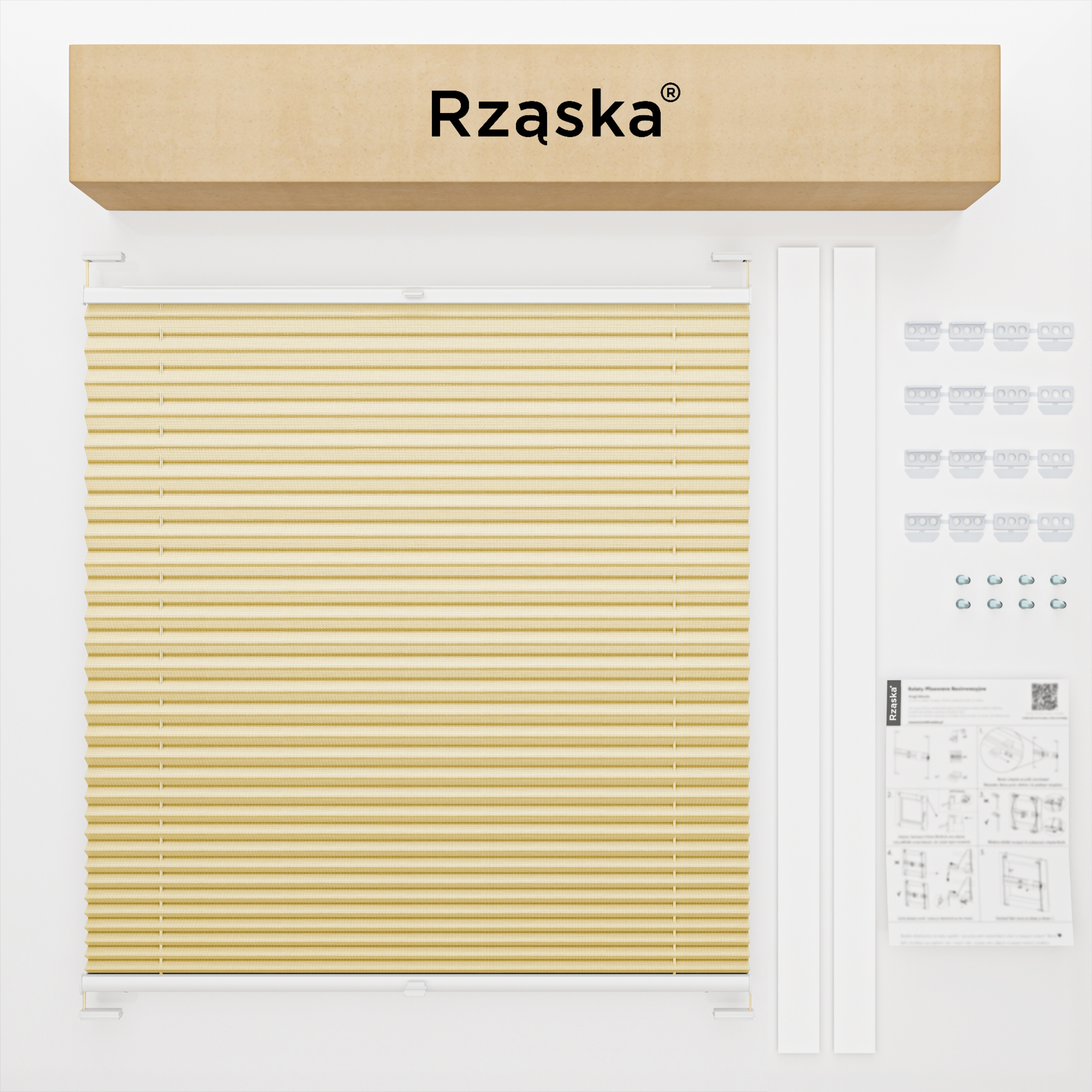 Roleta plisowana dachowa Rząska® na wymiar, uchwyty Risinfix do przykręcania, kolekcja Premium w kolorze Piasek Sahary, beżowym z profilem białym.