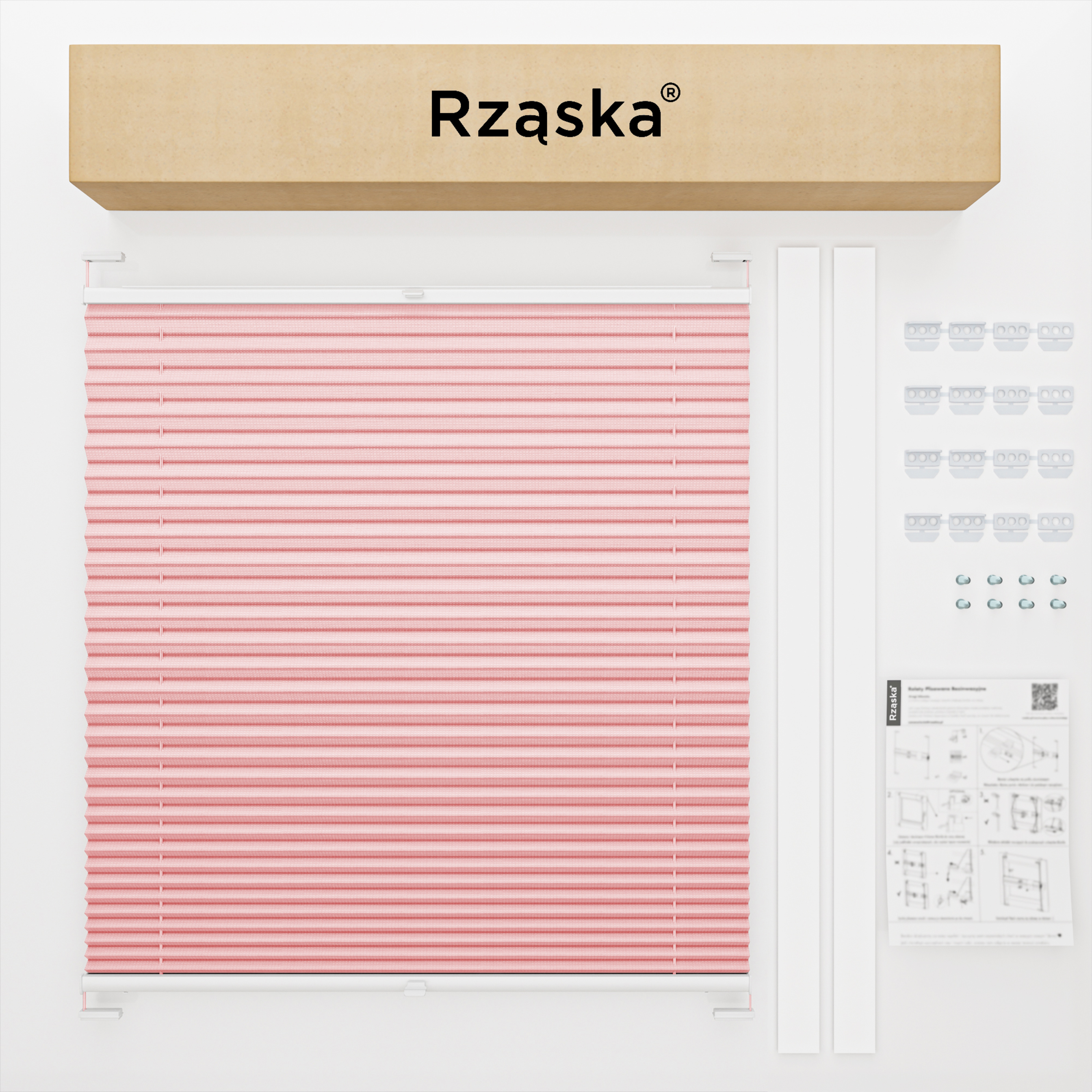 Roleta plisowana dachowa Rząska® na wymiar, uchwyty Risinfix do przykręcania, kolekcja Premium w kolorze Pudrowy róż, różowym z profilem białym.