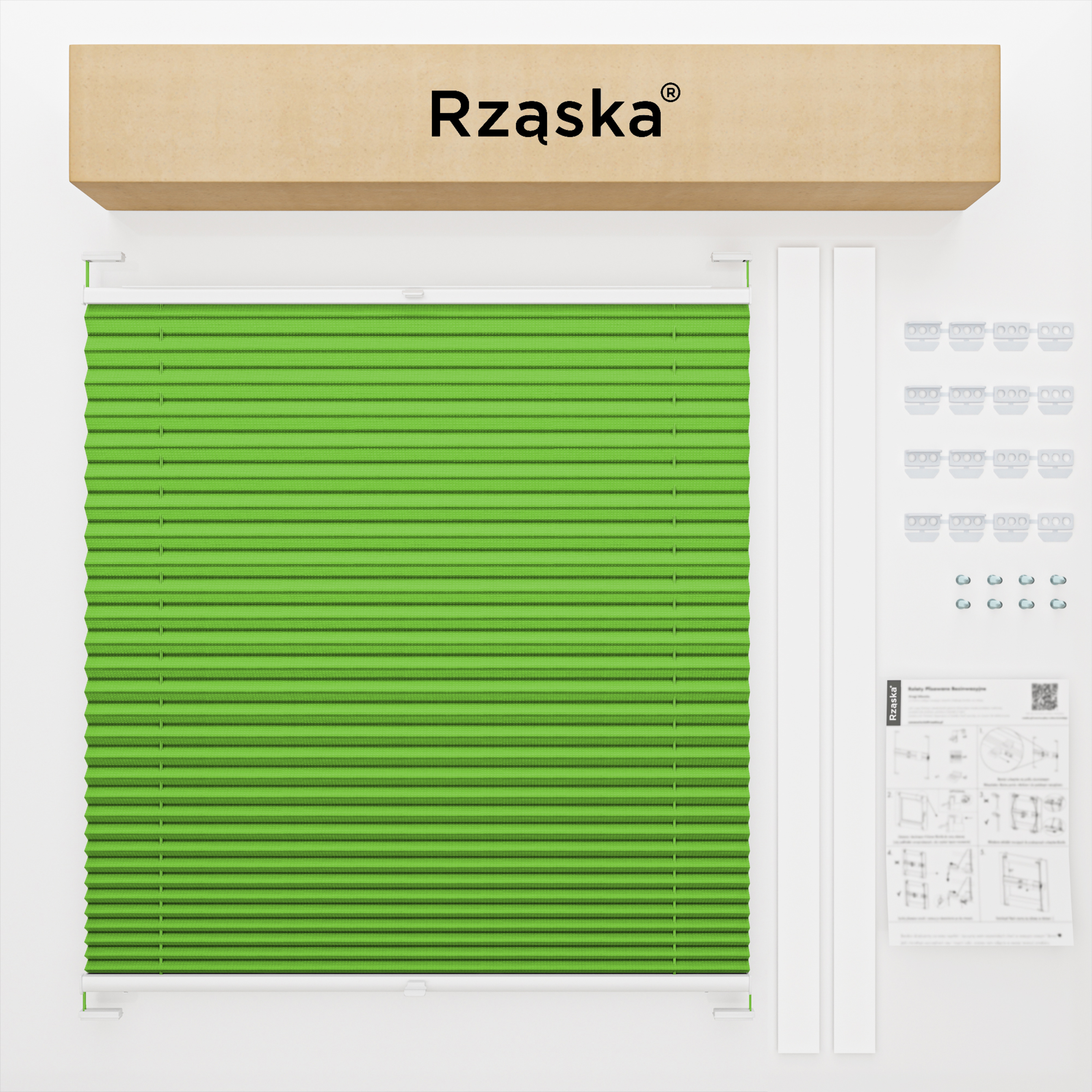 Roleta plisowana dachowa Rząska® na wymiar, uchwyty Risinfix do przykręcania, kolekcja Premium w kolorze Zielona łąka, zielonym z profilem białym.
