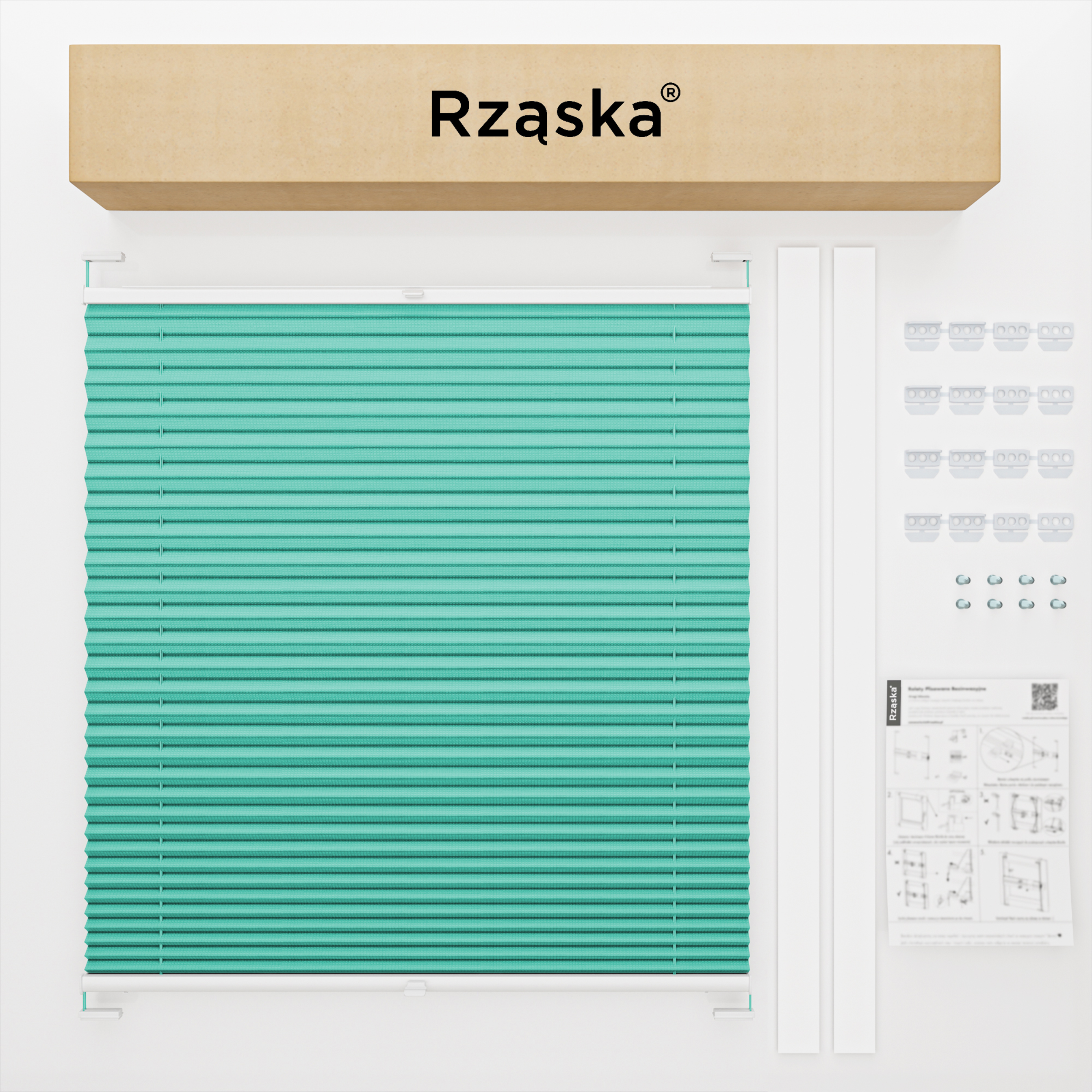 Roleta plisowana dachowa Rząska® na wymiar, uchwyty Risinfix do przykręcania, kolekcja Premium w kolorze Błękitny ocean, turkusowym z profilem białym.