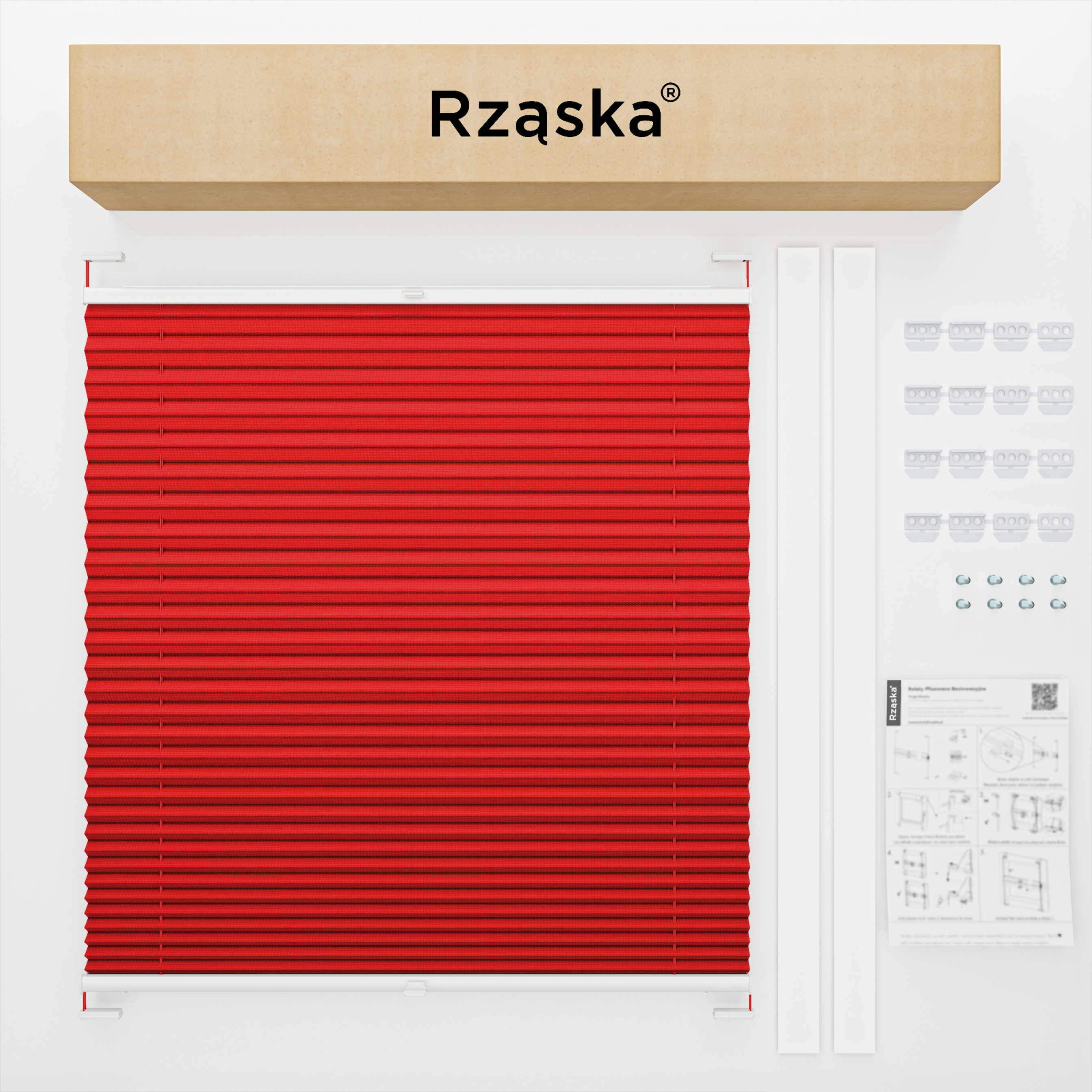 Roleta plisowana dachowa Rząska® na wymiar, uchwyty Risinfix do przykręcania, kolekcja Premium w kolorze Usta Geishy, czerwonym z profilem białym.