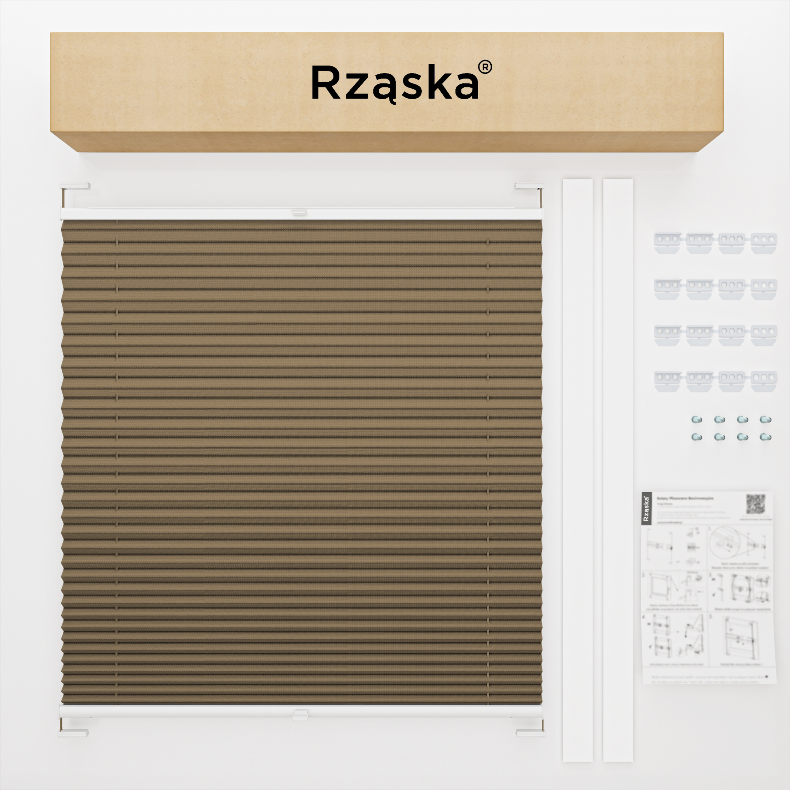 Roleta plisowana dachowa Rząska® na wymiar, uchwyty Risinfix do przykręcania, kolekcja Premium w kolorze Poranna kawa, jasnobrązowym z profilem białym.
