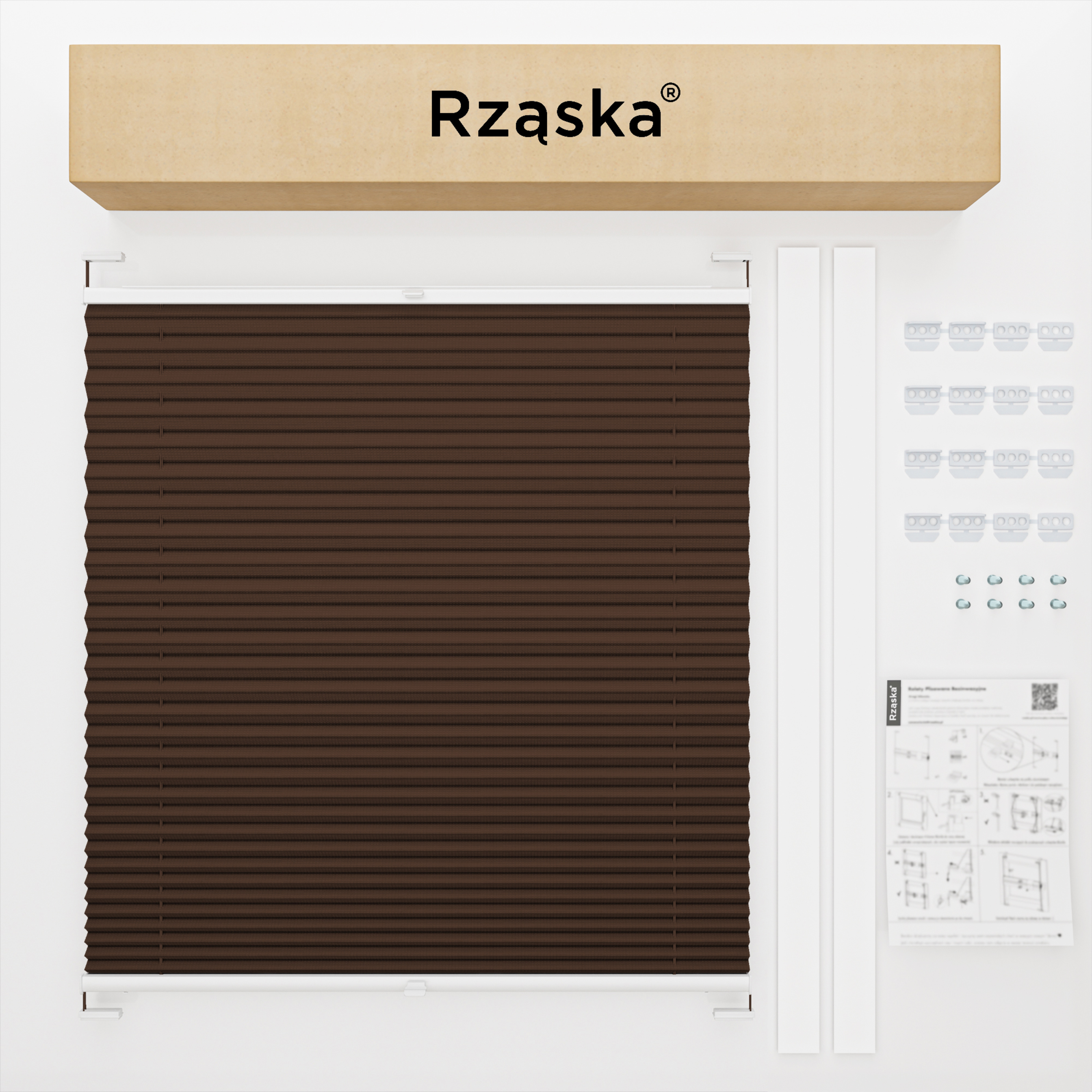 Roleta plisowana dachowa Rząska® na wymiar, uchwyty Risinfix do przykręcania, kolekcja Premium w kolorze Gorąca czekolada, ciemnego brązu z profilem białym.