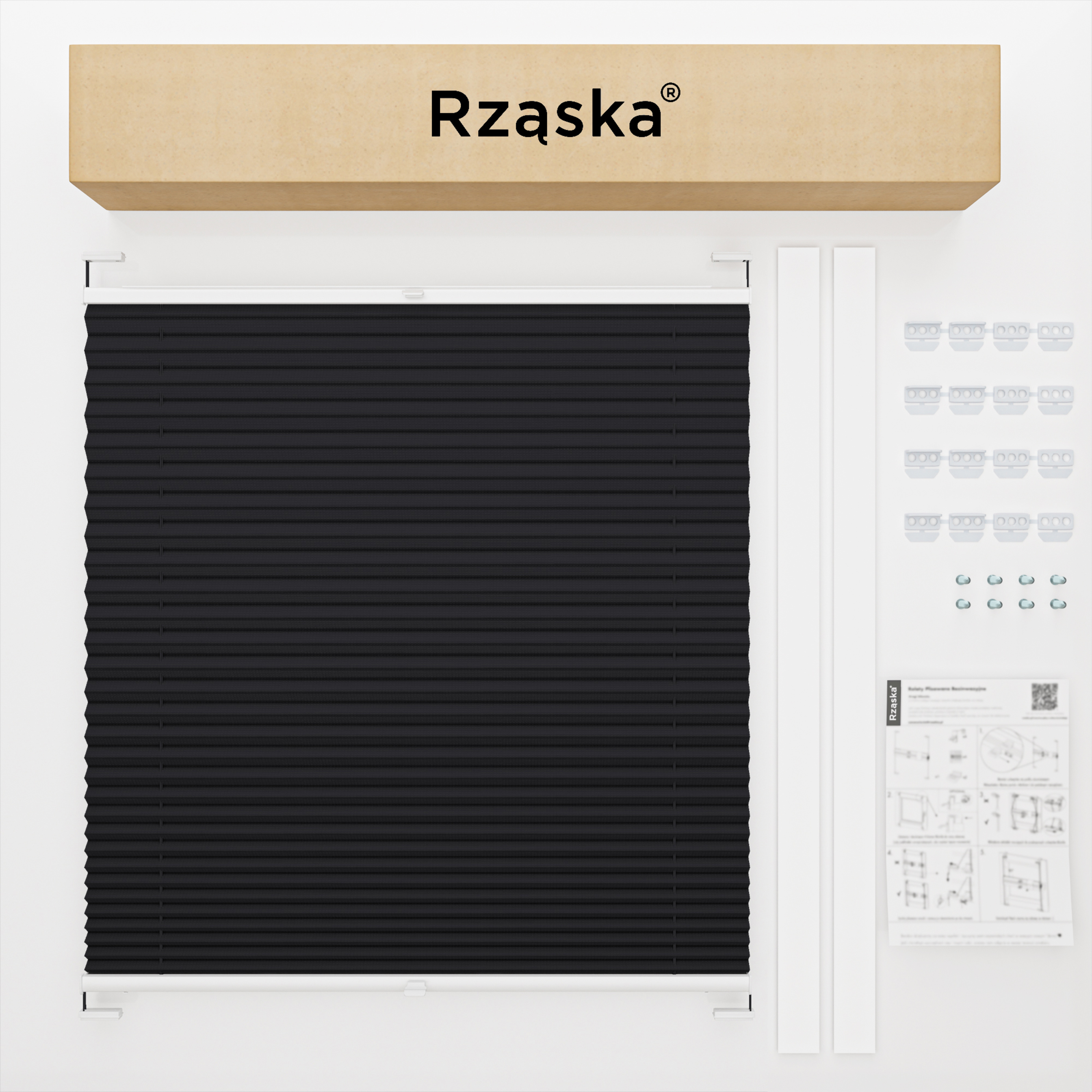 Roleta plisowana dachowa Rząska® na wymiar, uchwyty Risinfix do przykręcania, kolekcja Premium w kolorze Śląski węgiel, czarnym z profilem białym.