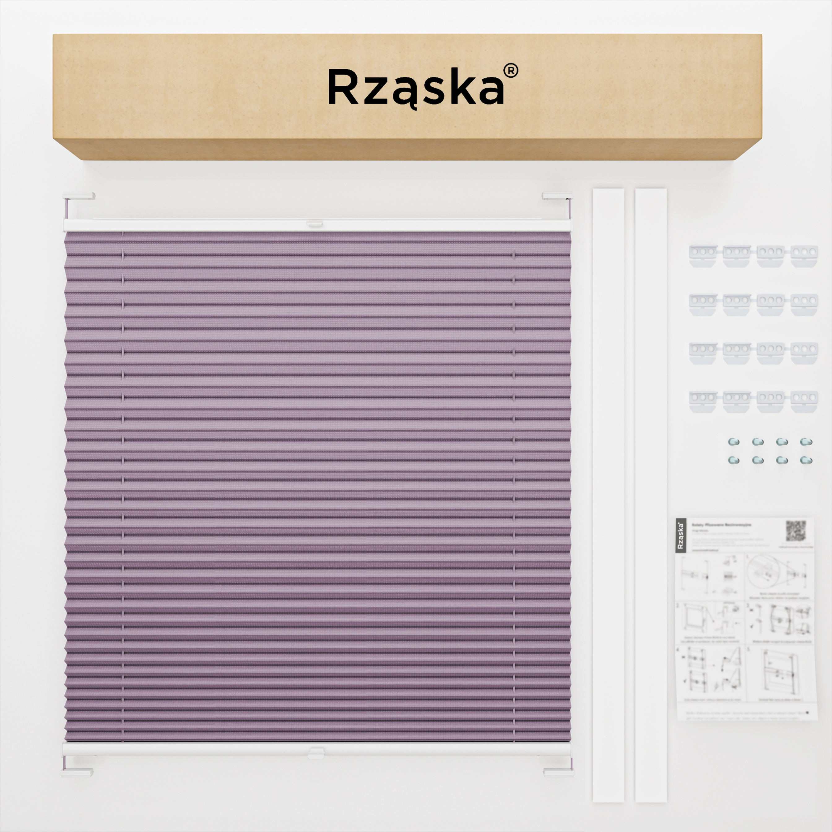 Roleta plisowana dachowa Rząska® na wymiar, uchwyty Risinfix do przykręcania, kolekcja Premium w kolorze Śliwkowy urok, fioletowym z profilem białym.