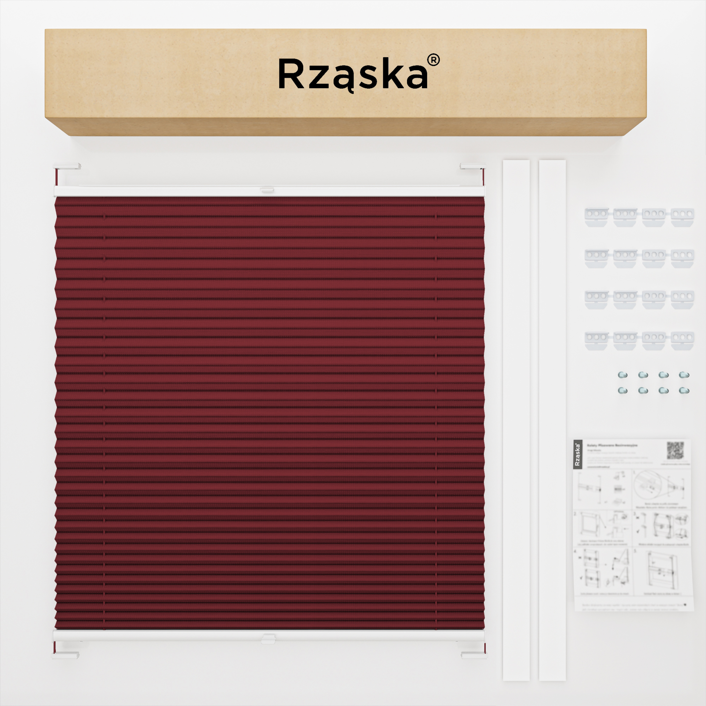 Roleta plisowana dachowa Rząska® na wymiar, uchwyty Risinfix do przykręcania, kolekcja Premium w kolorze Rubinowa Zagadka, ciemnoczerwonym z profilem białym.