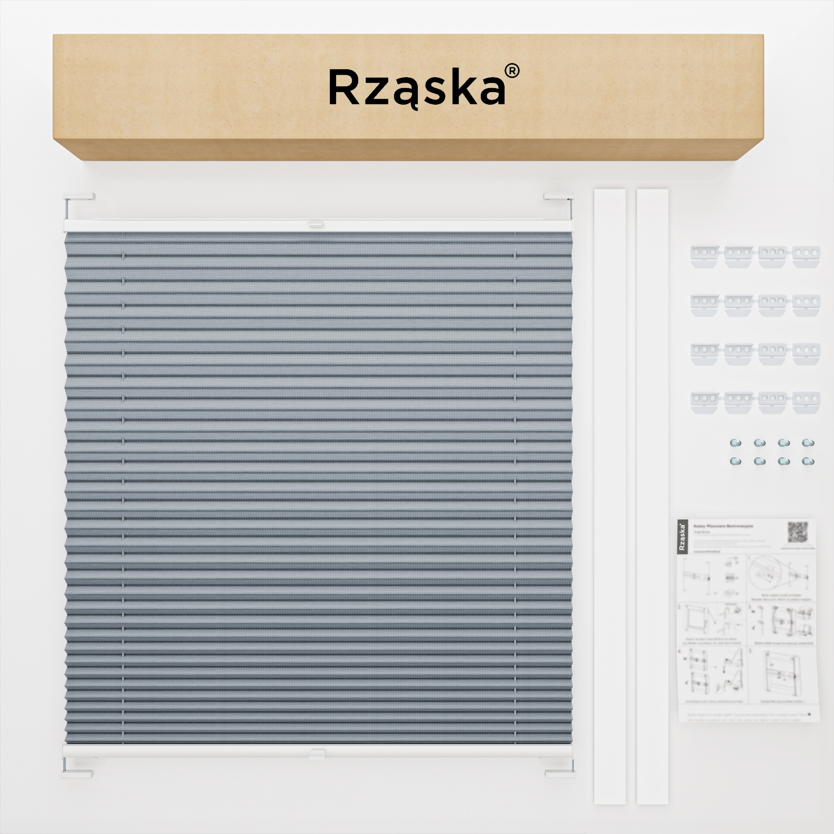 Roleta plisowana dachowa Rząska® na wymiar, uchwyty Risinfix do przykręcania, kolekcja Premium w kolorze Srebrna Sonata, szarym z profilem białym.
