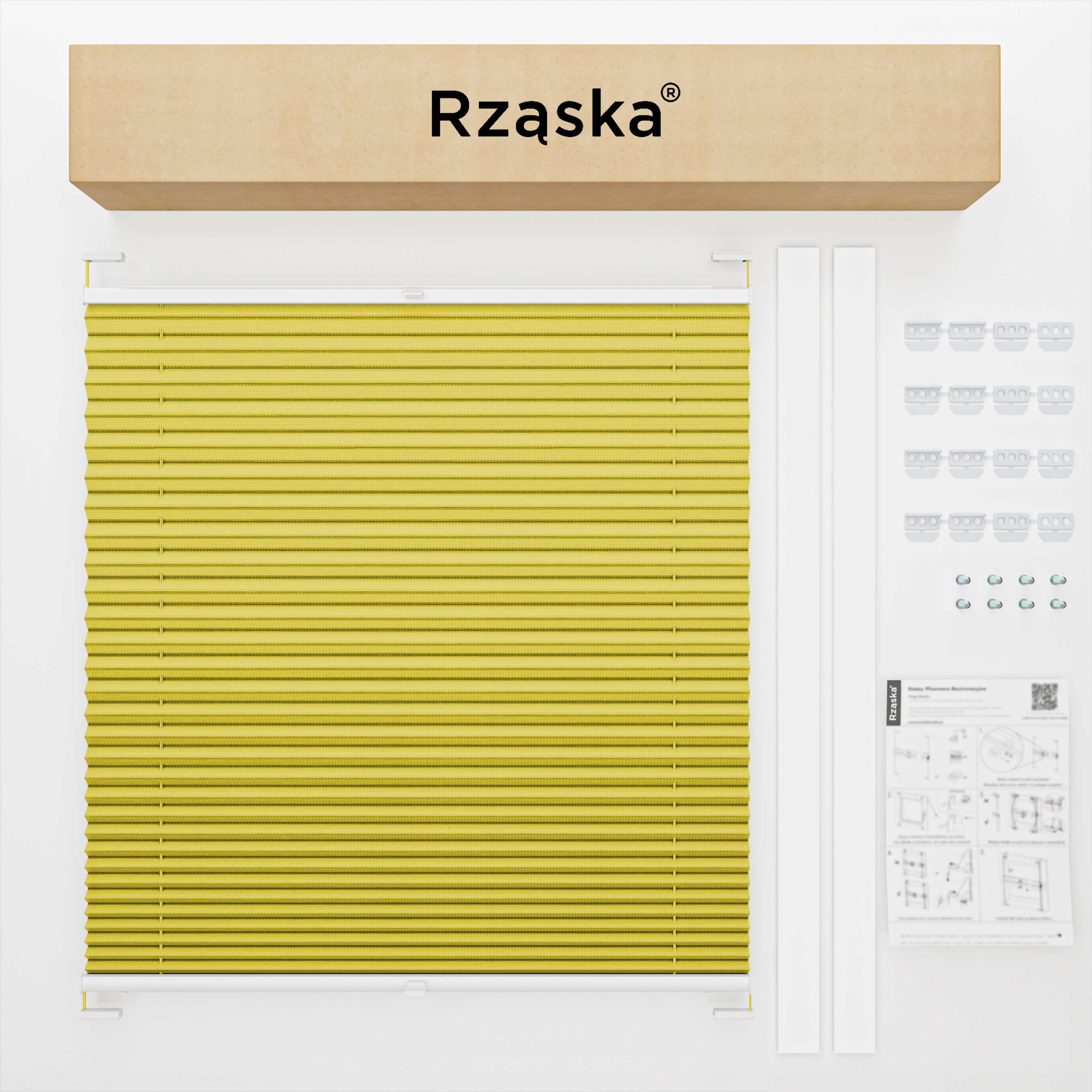 Roleta plisowana Rząska® na okno dachowe na wymiar, uchwyty Risinfix do przykręcania, kolekcja Thermo w kolorze Słonecznik, żółtym z profilem białym.