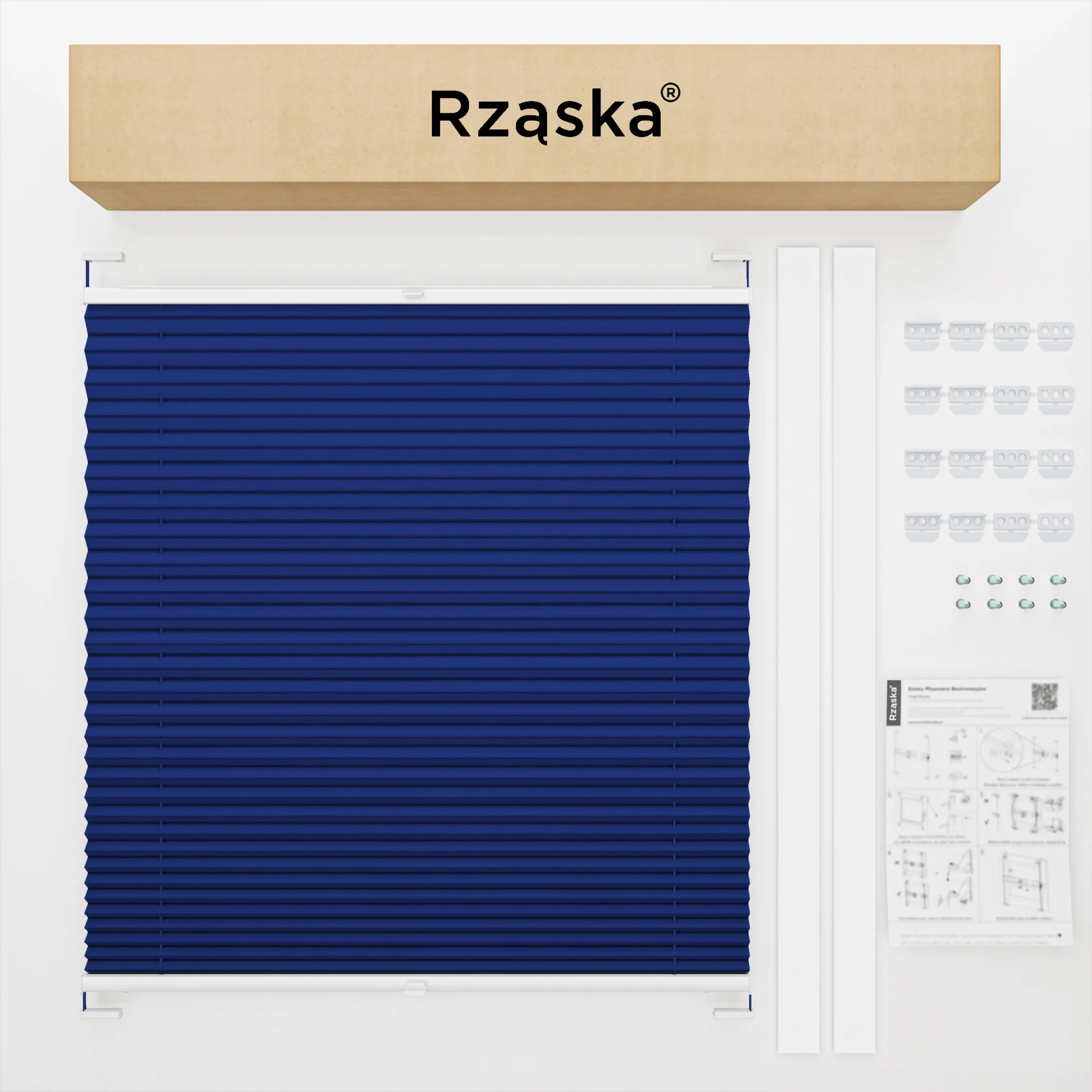 Roleta plisowana Rząska® na okno dachowe na wymiar, uchwyty Risinfix do przykręcania, kolekcja Thermo w kolorze Walc fal, niebieskim z profilem białym.