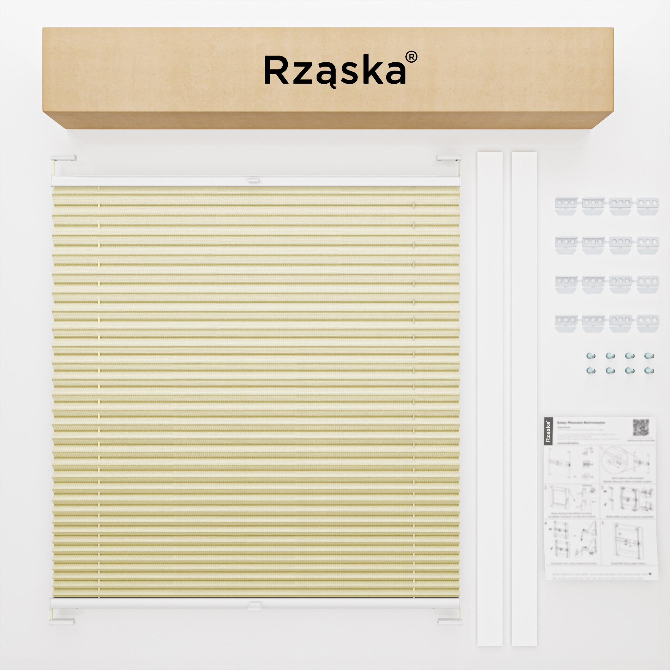 Roleta plisowana Rząska® na okno dachowe na wymiar, uchwyty Risinfix do przykręcania, kolekcja Thermo w kolorze Piaskowiec, beżowym z profilem białym.