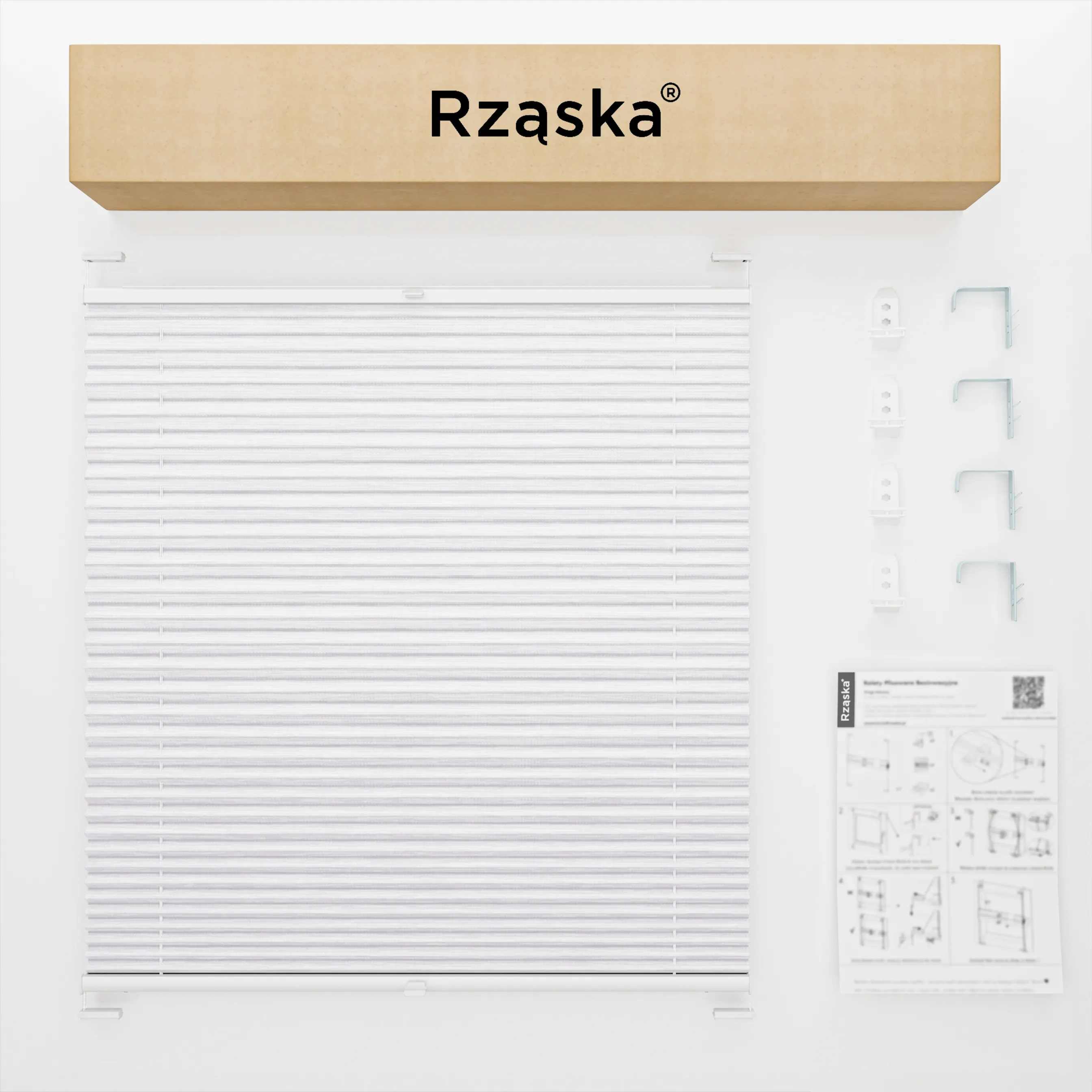 Inwazyjne plisy okienne Rząska® na wymiar, uchwyty Risinfix Double 2w1, kolekcja Dolomite w kolorze Zimny poranek, szarym z profilem dębowym.