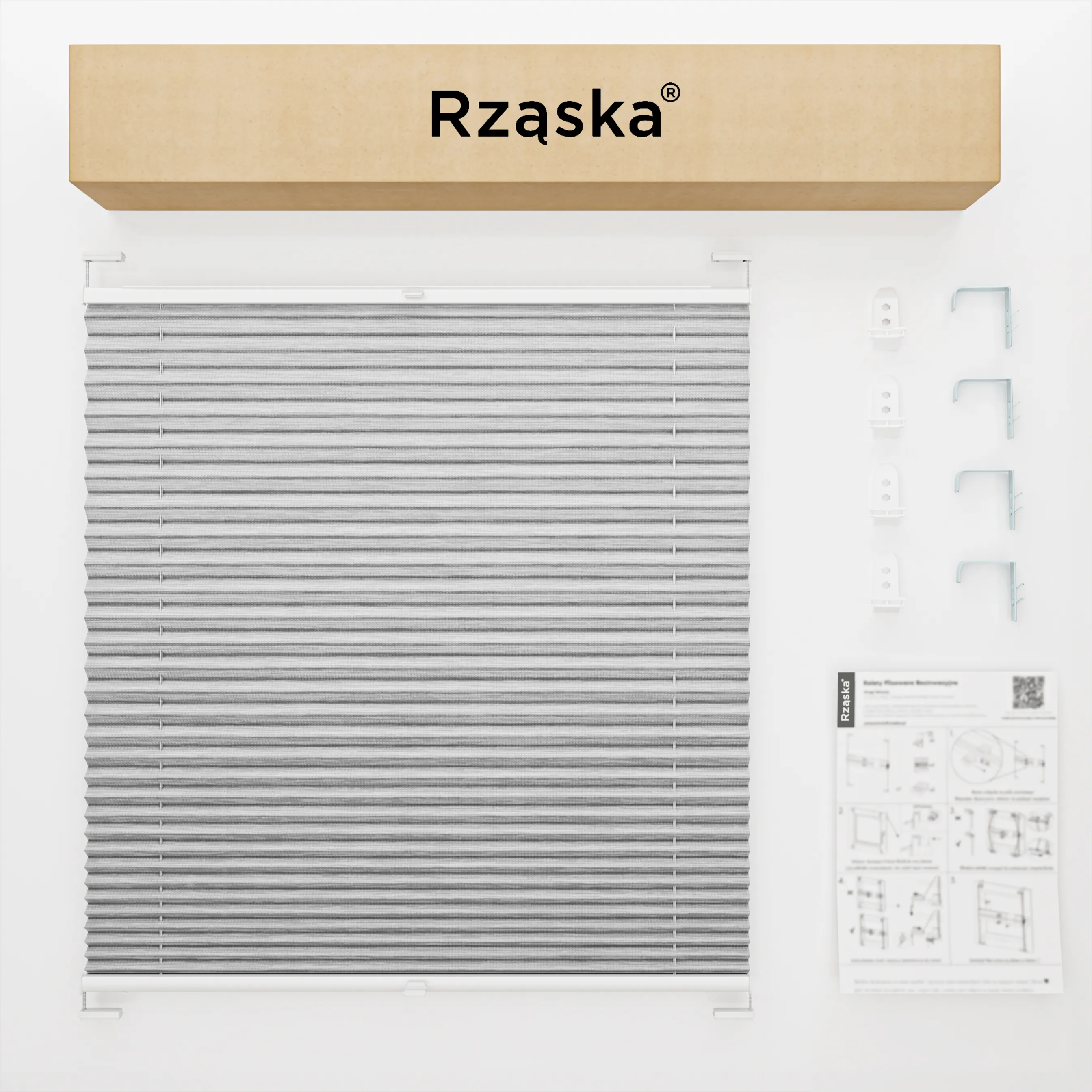 Inwazyjne plisy okienne Rząska® na wymiar, uchwyty Risinfix Double 2w1, kolekcja Dolomite w kolorze Szary sztorm, szarym z profilem białym.