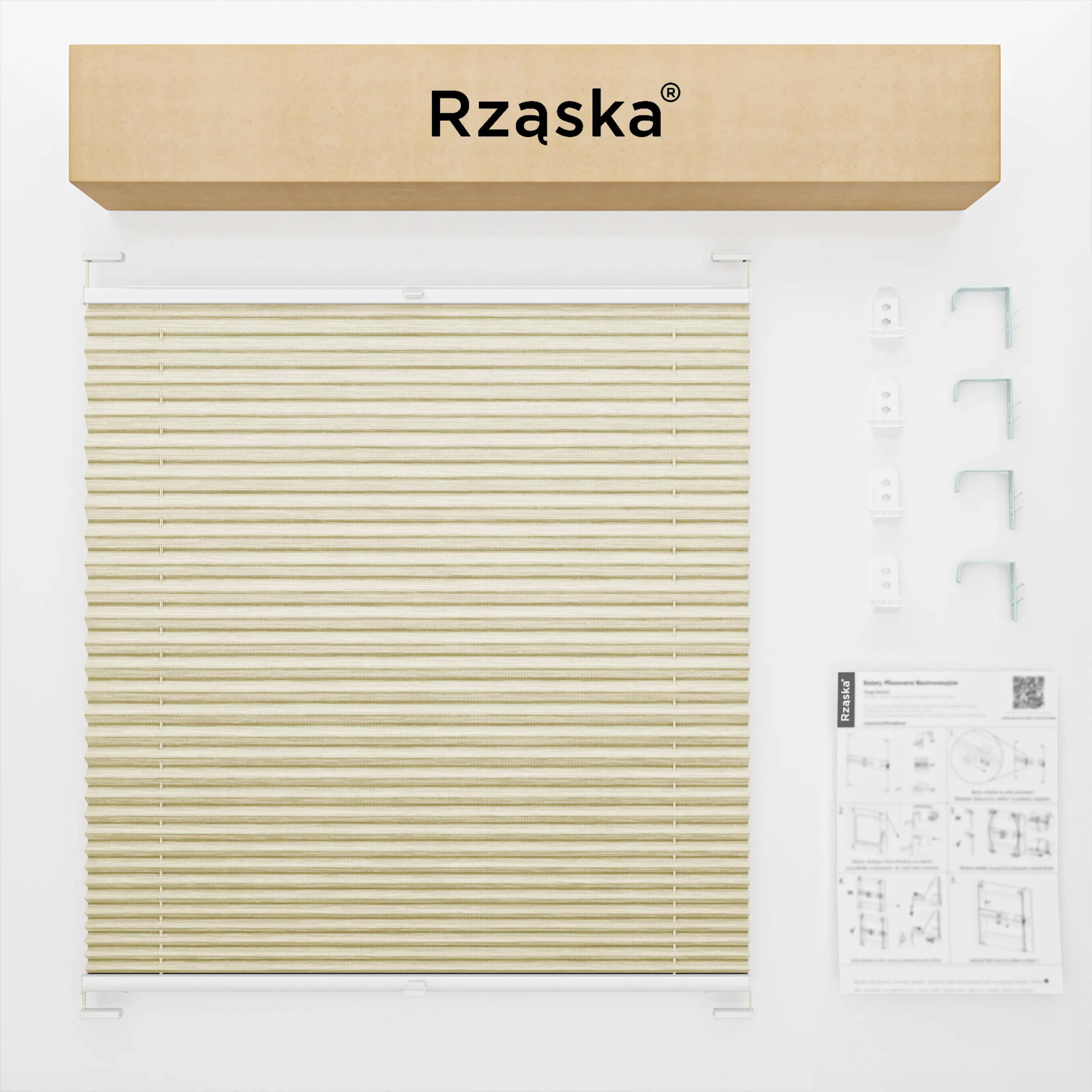 Inwazyjne plisy okienne Rząska® na wymiar, uchwyty Risinfix Double 2w1, kolekcja Dolomite w kolorze Mokry piasek, beżowym z profilem orzechowym.