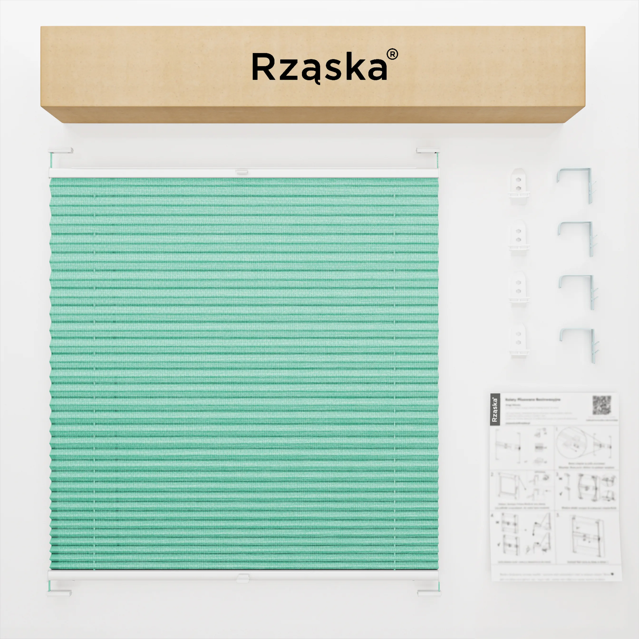 Inwazyjne rolety okienne wewnętrzne Rząska® na wymiar, uchwyty Risinfix Double 2w1, kolekcja Melange w kolorze Miętowe lody, zielonym z profilem dębowym.