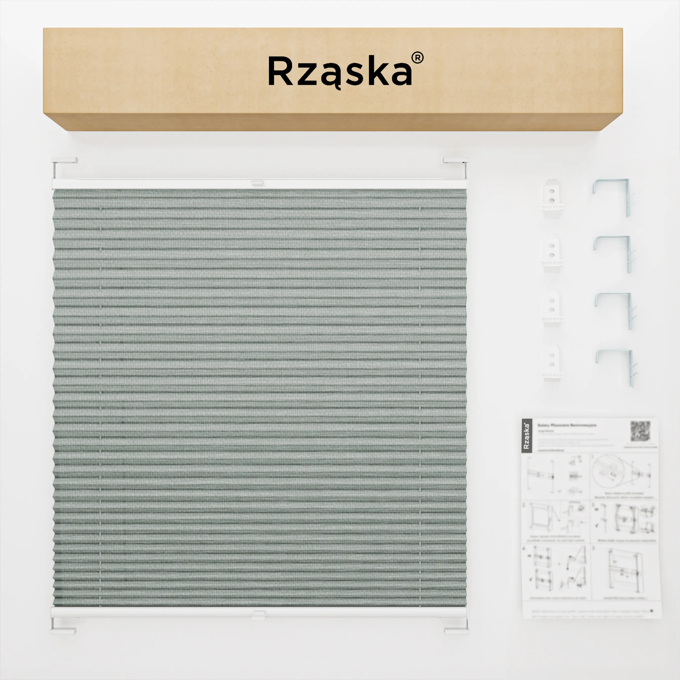 Inwazyjne rolety okienne wewnętrzne Rząska® na wymiar, uchwyty Risinfix Double 2w1, kolekcja Melange w kolorze W drodze, szarym z profilem srebrnym.