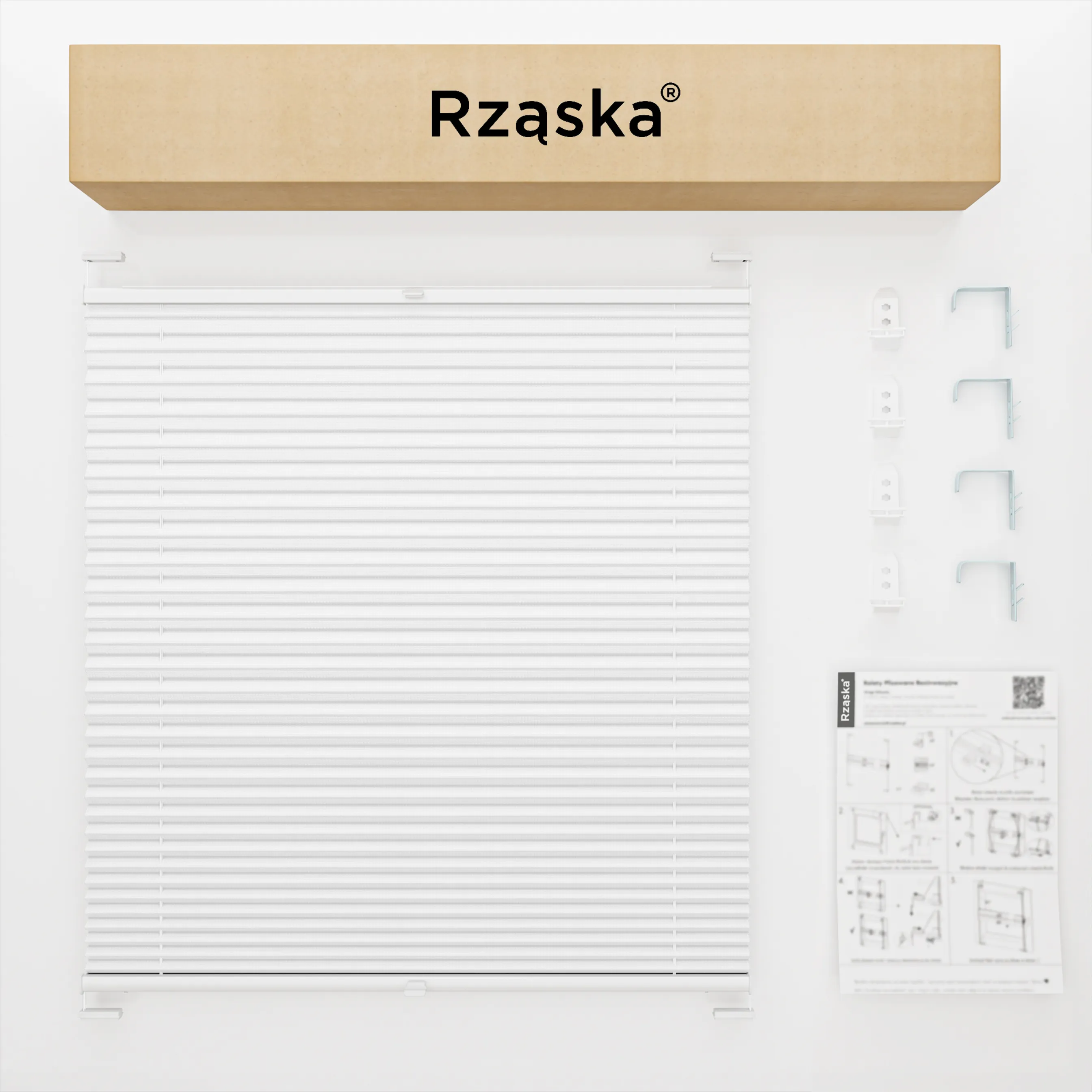Inwazyjne rolety okienne wewnętrzne Rząska® na wymiar, uchwyty Risinfix Double 2w1, kolekcja Premium w kolorze Białe święto, białym z profilem dębowym.
