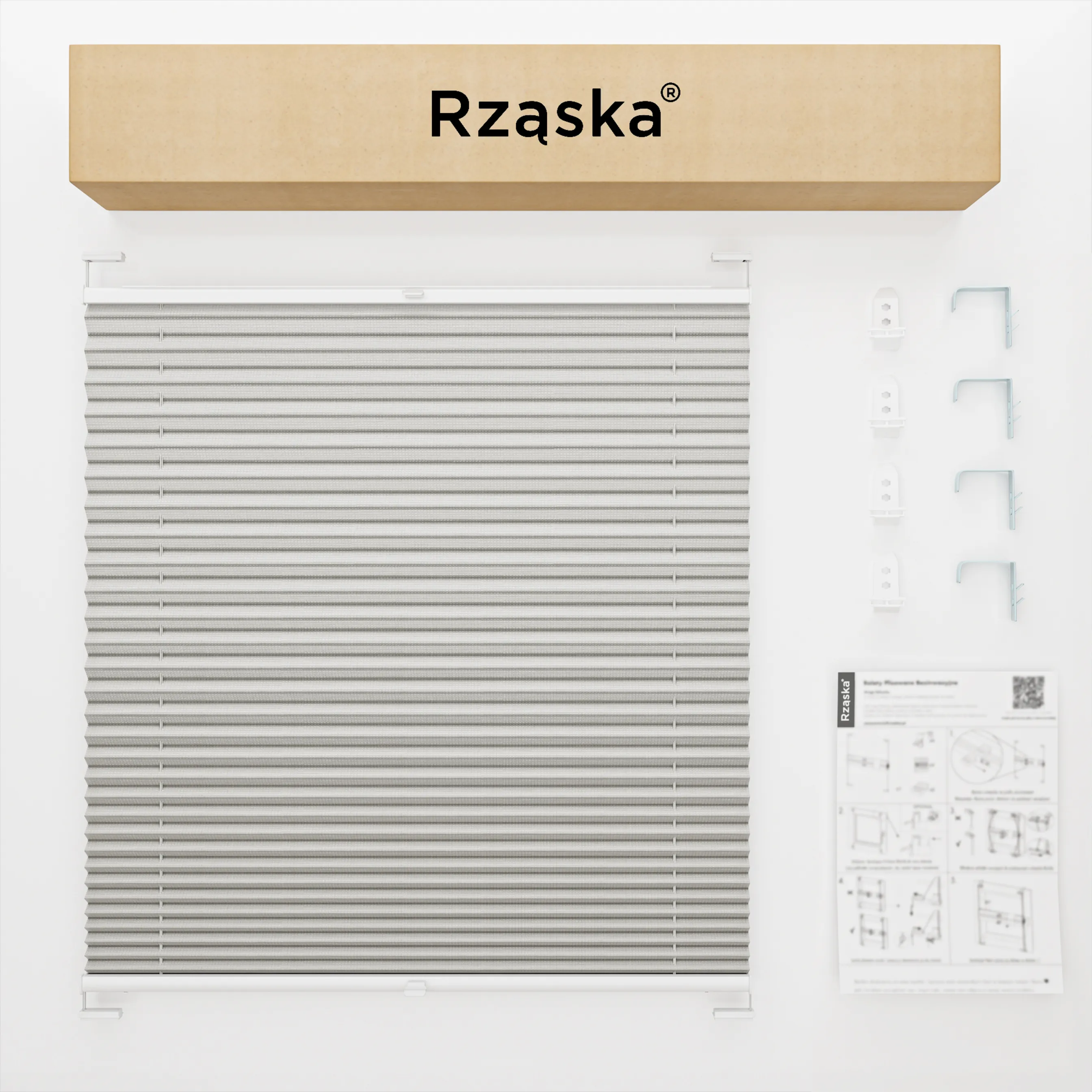 Inwazyjne rolety okienne wewnętrzne Rząska® na wymiar, uchwyty Risinfix Double 2w1, kolekcja Premium w kolorze Droga do domu, srebrnym z profilem białym.