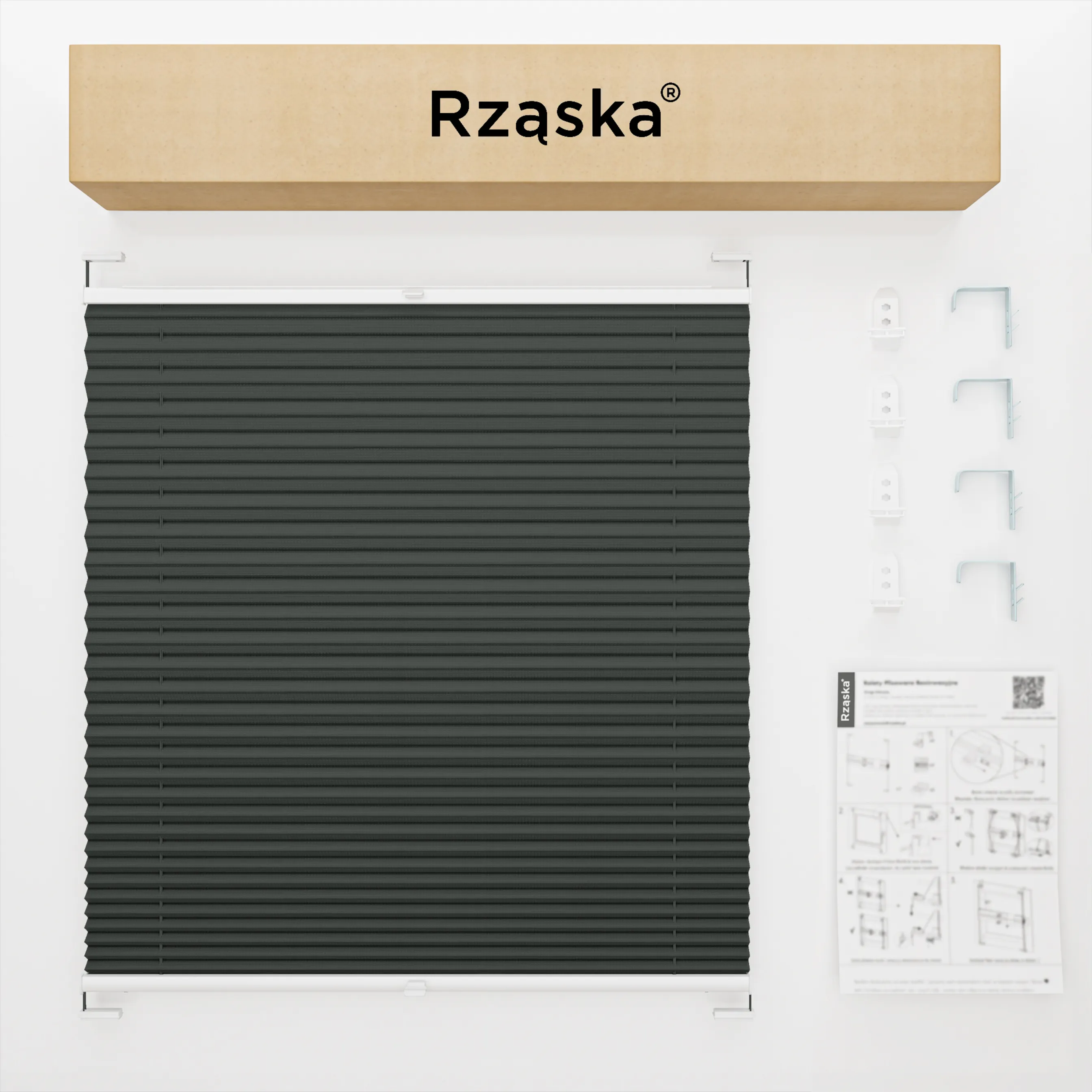 Inwazyjne rolety okienne wewnętrzne Rząska® na wymiar, uchwyty Risinfix Double 2w1, kolekcja Premium w kolorze Góry skalne, grafitowym z profilem białym.