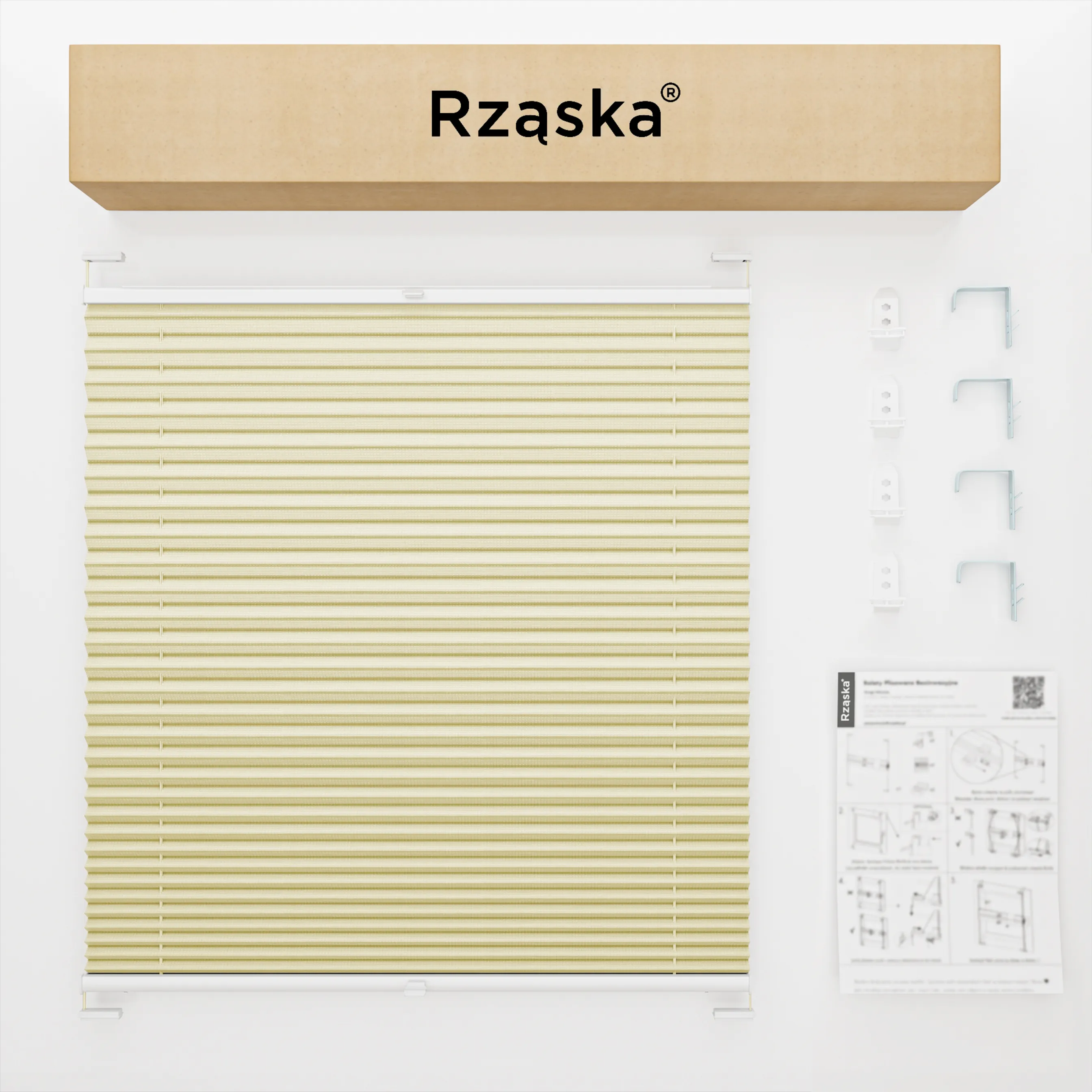 Inwazyjne rolety okienne wewnętrzne Rząska® na wymiar, uchwyty Risinfix Double 2w1, kolekcja Premium w kolorze Lody waniliowe, kremowym z profilem białym.