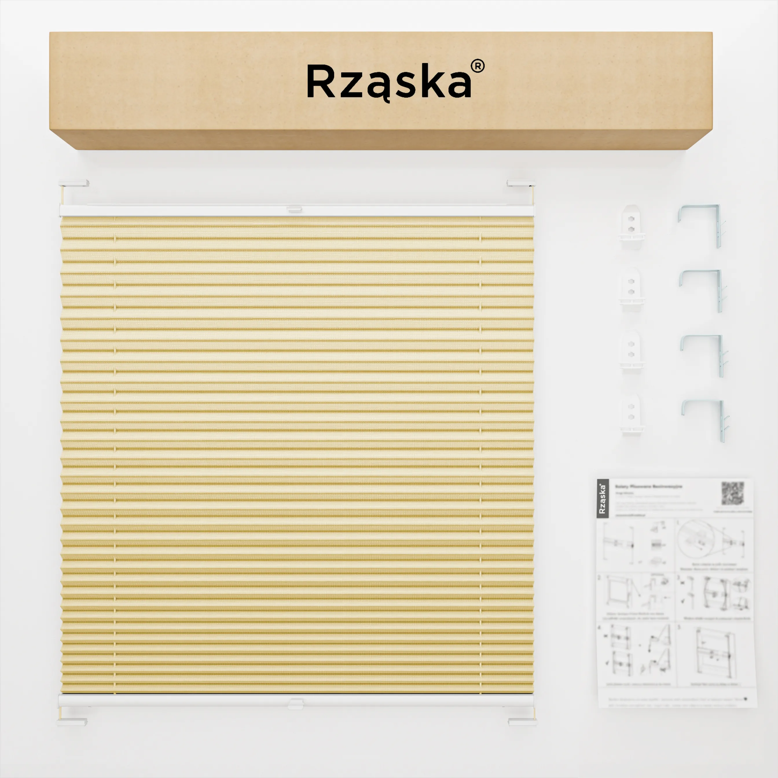Inwazyjne rolety okienne wewnętrzne Rząska® na wymiar, uchwyty Risinfix Double 2w1, kolekcja Premium w kolorze Piasek Sahary, beżowym z profilem białym.