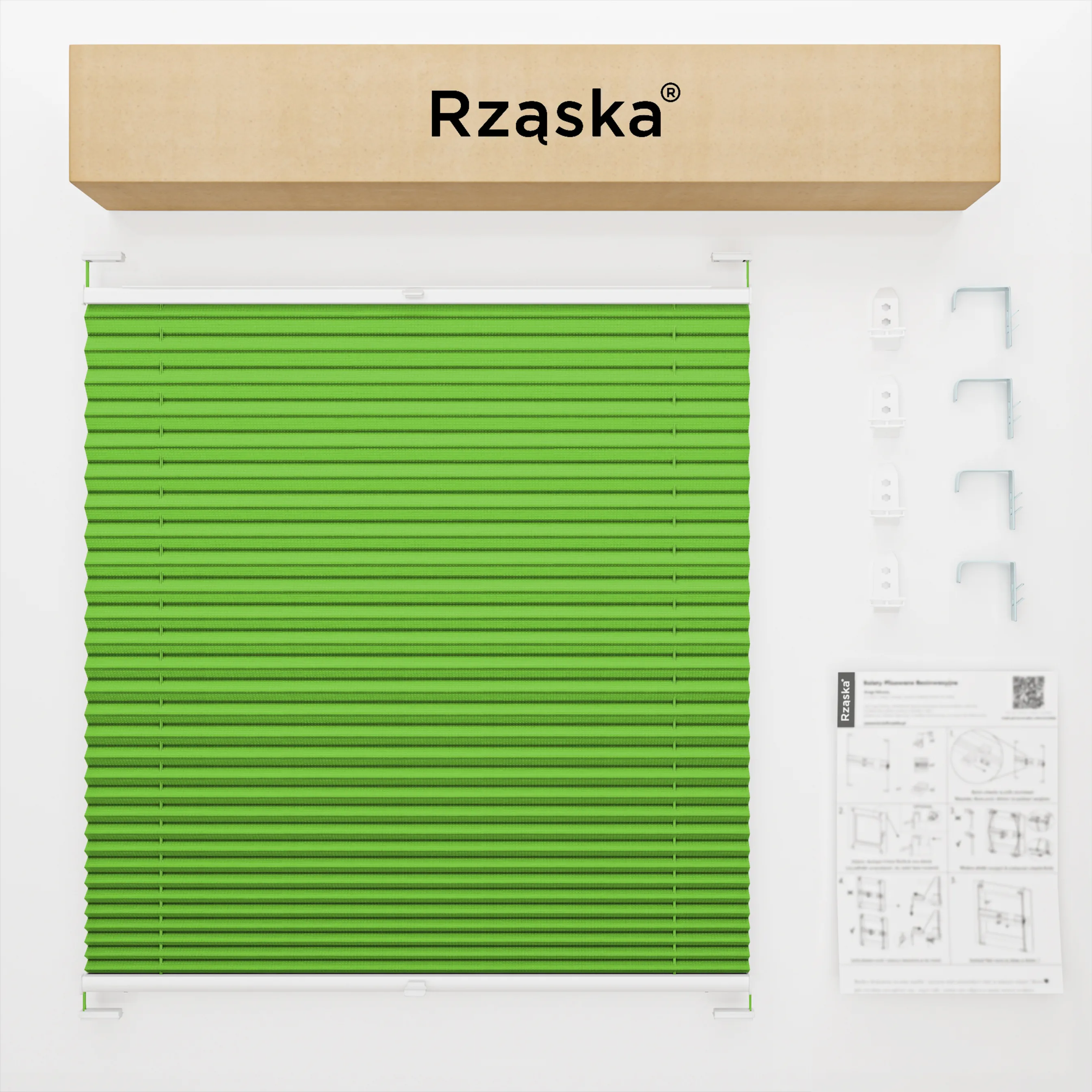 Inwazyjne rolety okienne wewnętrzne Rząska® na wymiar, uchwyty Risinfix Double 2w1, kolekcja Premium w kolorze Zielona łąka, zielonym z profilem białym.