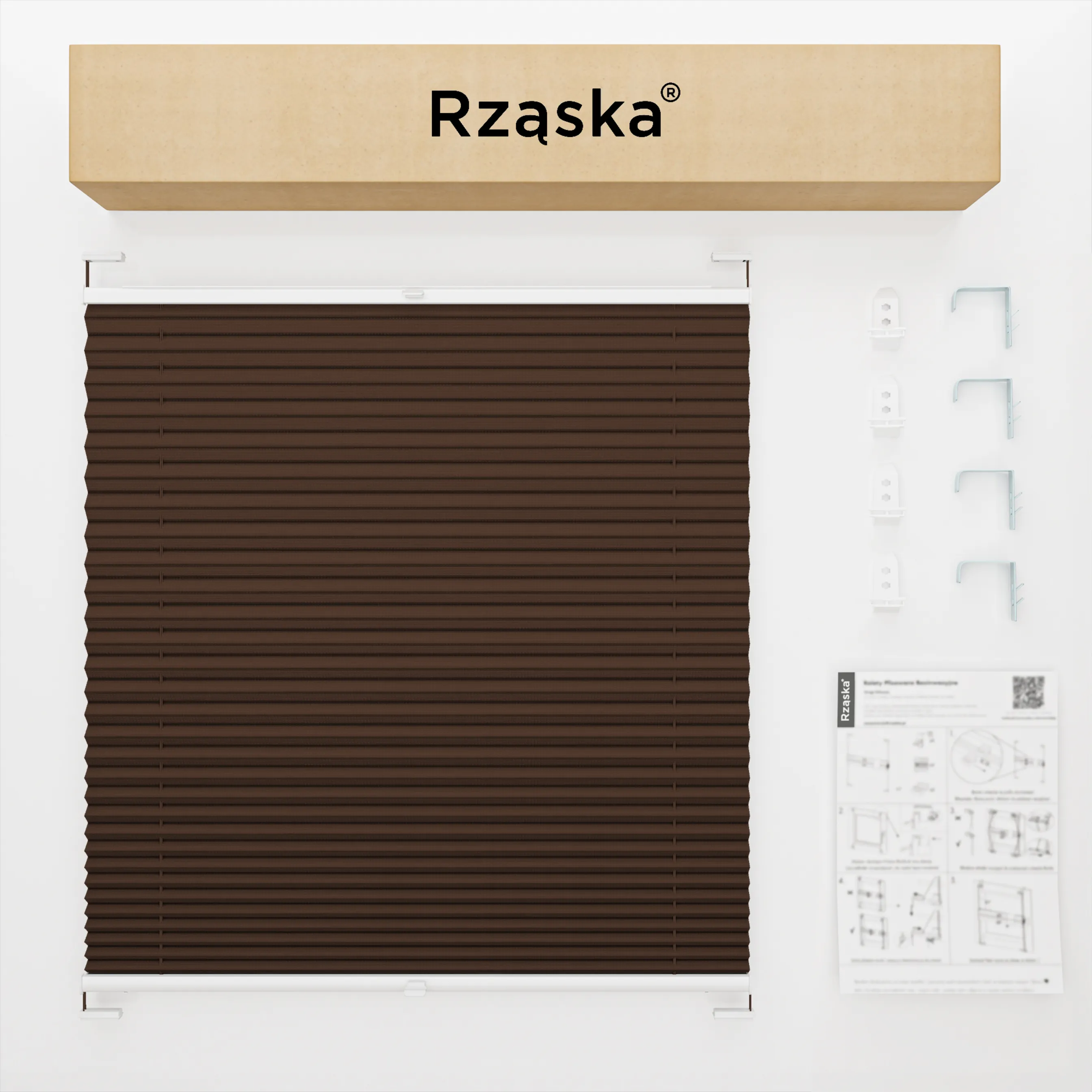 Inwazyjne rolety okienne wewnętrzne Rząska® na wymiar, uchwyty Risinfix Double 2w1, kolekcja Premium w kolorze Gorąca czekolada, ciemnego brązu z profilem białym.