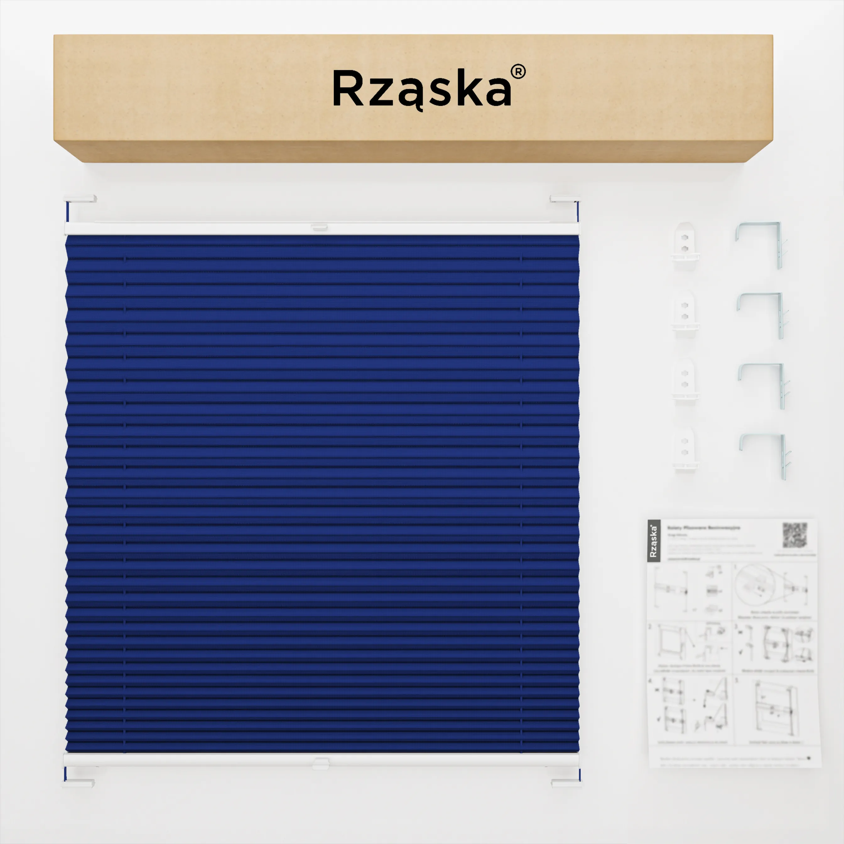 Inwazyjne rolety okienne wewnętrzne Rząska® na wymiar, uchwyty Risinfix Double 2w1, kolekcja Premium w kolorze Błękitna laguna, niebieskim z profilem białym.