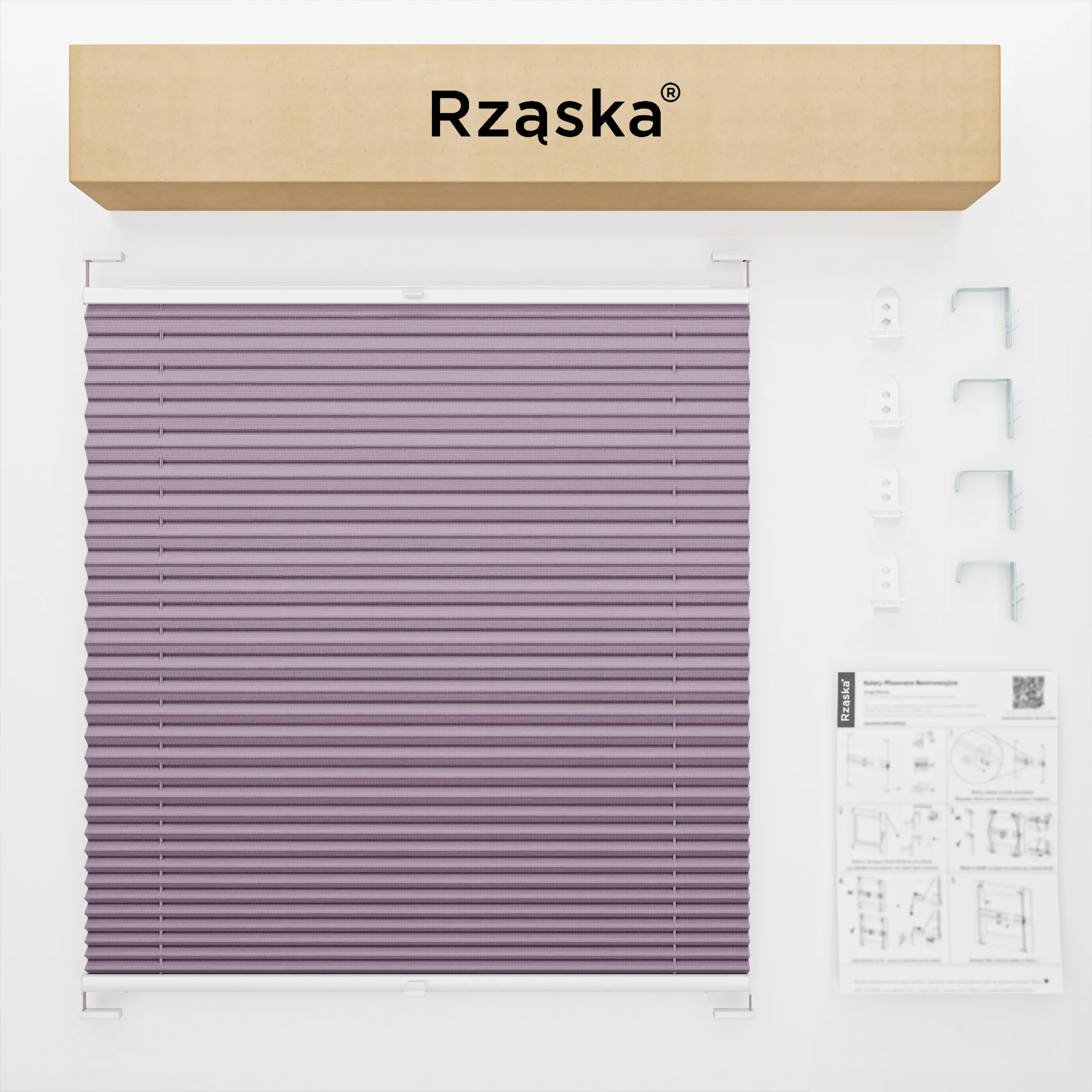 Inwazyjne rolety okienne wewnętrzne Rząska® na wymiar, uchwyty Risinfix Double 2w1, kolekcja Premium w kolorze Śliwkowy urok, flioletowym z profilem białym.
