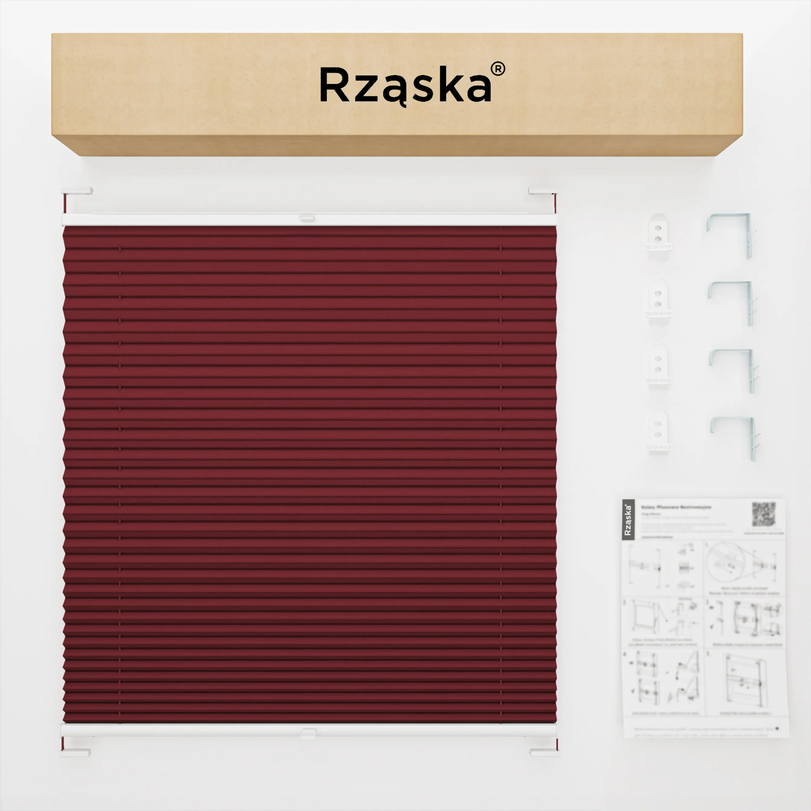 Inwazyjne rolety okienne wewnętrzne Rząska® na wymiar, uchwyty Risinfix Double 2w1, kolekcja Premium w kolorze Rubinowa Zagadka, ciemno czerwonym z profilem białym.