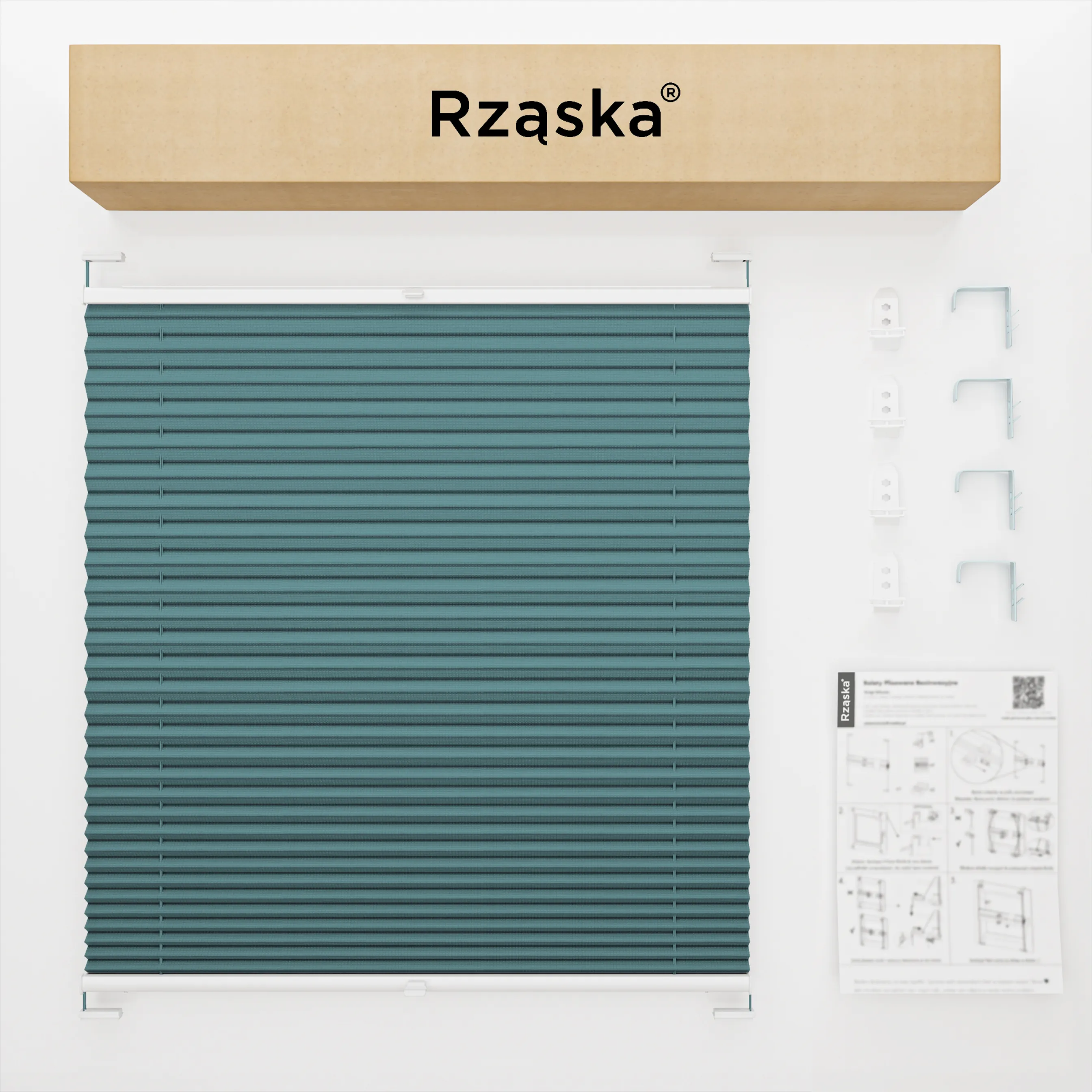 Inwazyjne rolety okienne wewnętrzne Rząska® na wymiar, uchwyty Risinfix Double 2w1, kolekcja Premium w kolorze Spokojna zatoka, gołębiego błekitu z profilem białym.