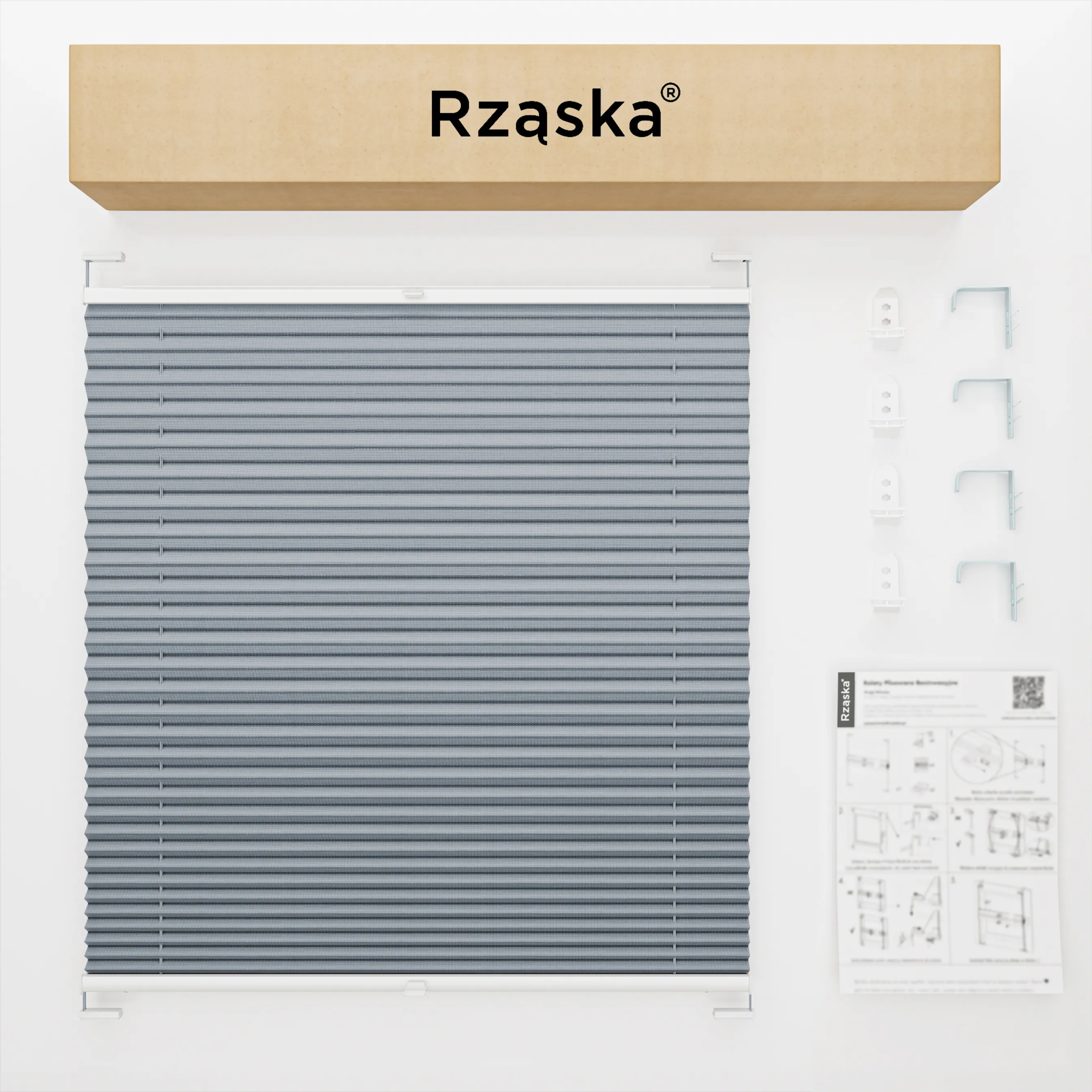 Inwazyjne rolety okienne wewnętrzne Rząska® na wymiar, uchwyty Risinfix Double 2w1, kolekcja Premium w kolorze Srebrna Sonata, szarego z profilem białym.