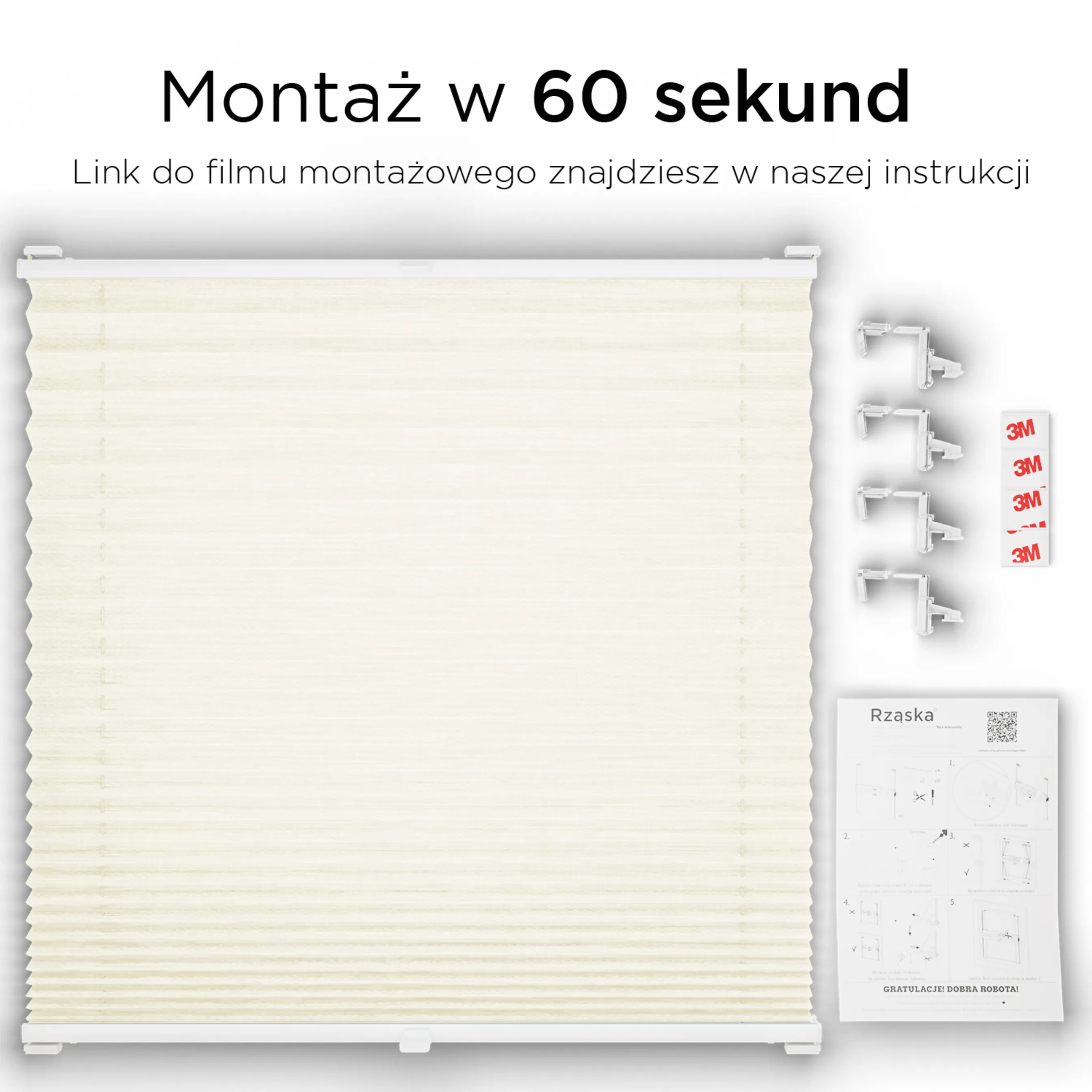 Bezinwazyjne plisy na okno Rząska® pod na wymiar, uchwyty Risinfix Incognito X do zaciskania, kolekcja Dolomite w kolorze Waniliowe niebo, beżowym z profilem dębowym.