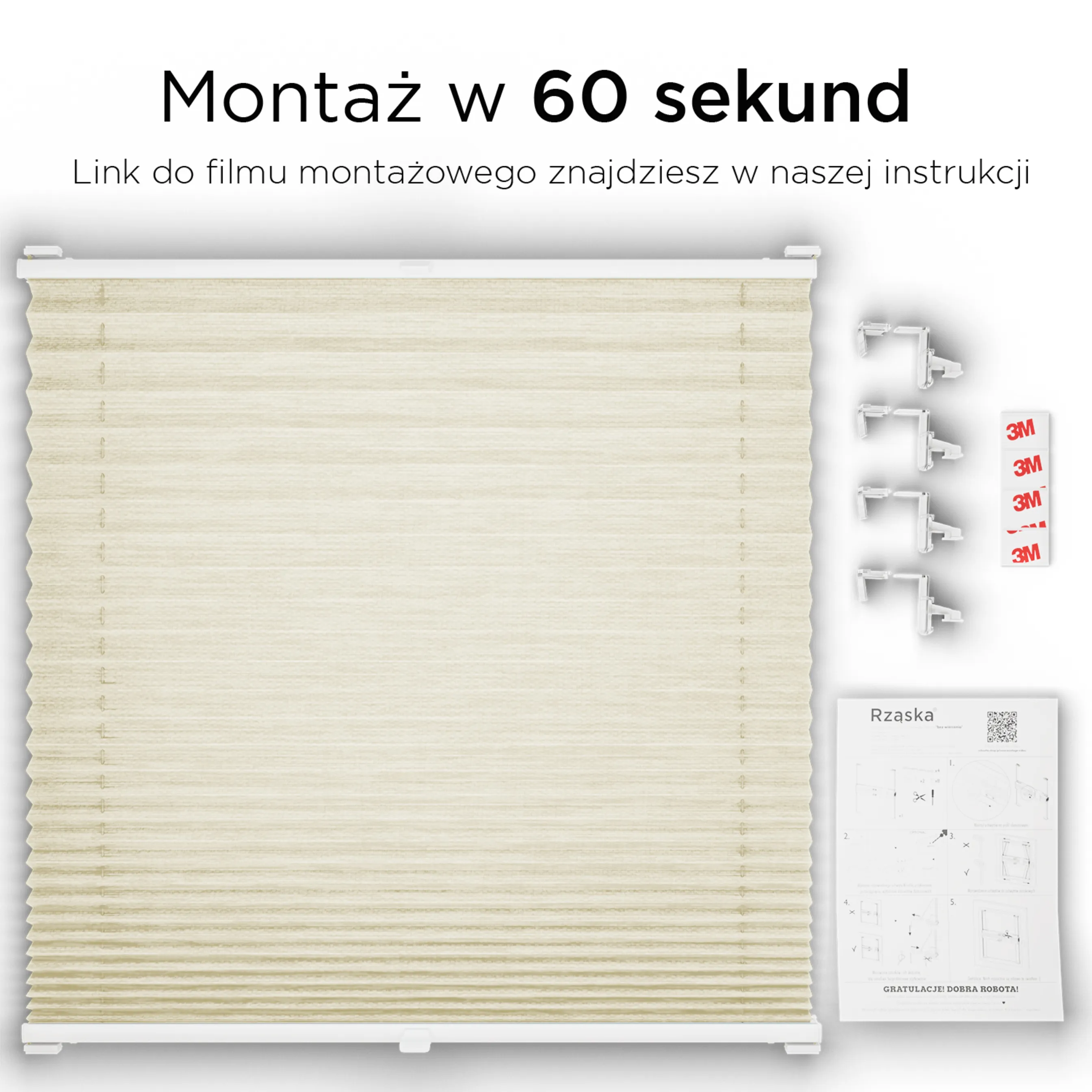 Bezinwazyjne plisy na okno Rząska® pod na wymiar, uchwyty Risinfix Incognito X do zaciskania, kolekcja Dolomite w kolorze Mokry piasek, beżowym z profilem białym.