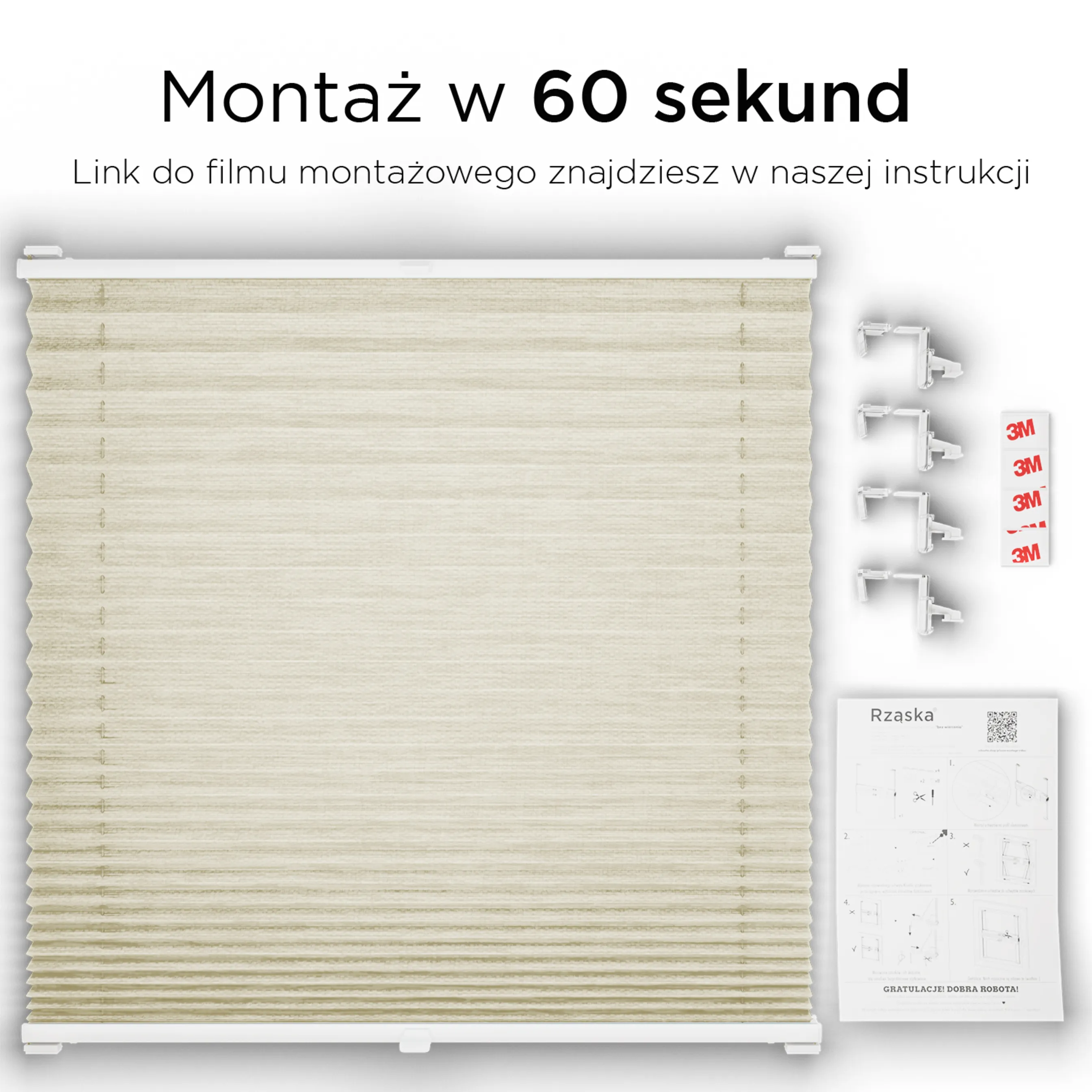 Bezinwazyjne plisy na okno Rząska® pod na wymiar, uchwyty Risinfix Incognito X do zaciskania, kolekcja Dolomite w kolorze Lekka kawa, beżowym z profilem białym.