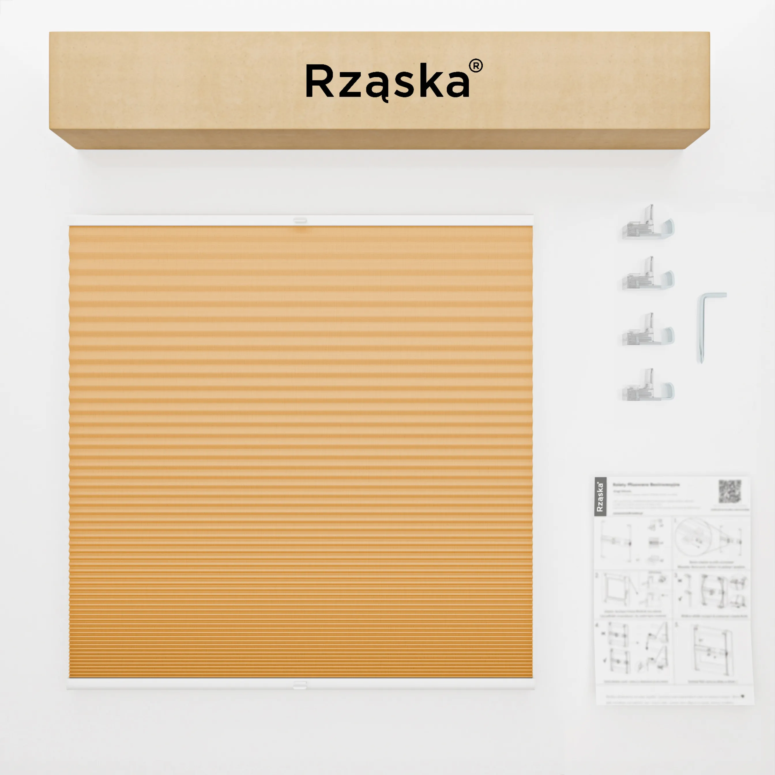 Bezinwazyjne plisy okienne Rząska® na wymiar o strukturze plastra miodu kolekcja Honeycomb w kolorze Cytrusowa poświata, pomarańczowym z profilem białym.