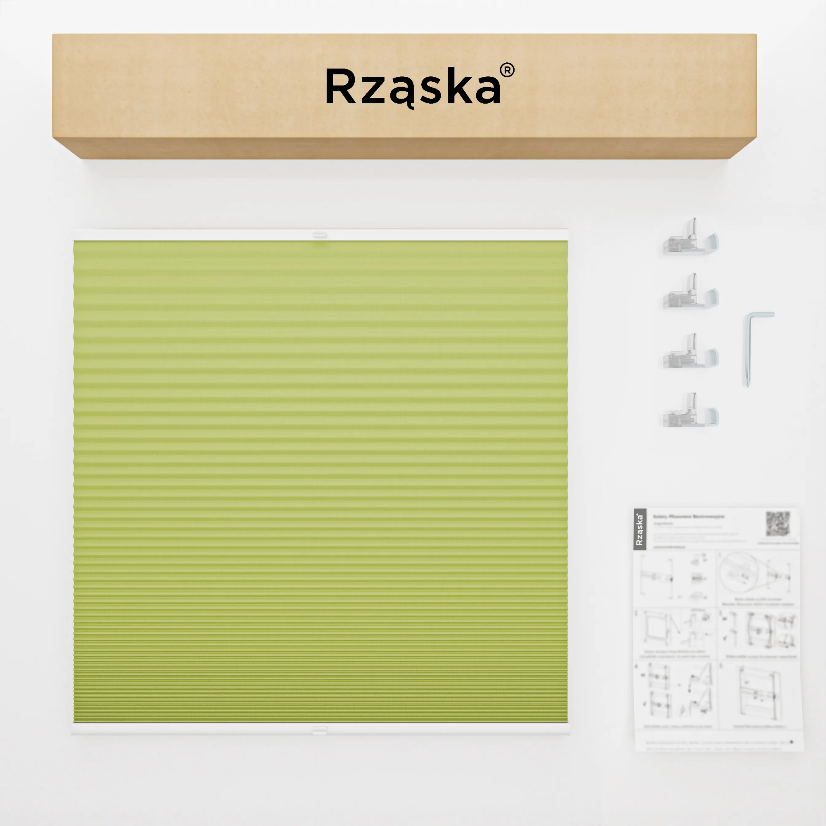 Bezinwazyjne plisy okienne Rząska® na wymiar o strukturze plastra miodu kolekcja Honeycomb w kolorze Zielona herbata, zielonym z profilem białym.