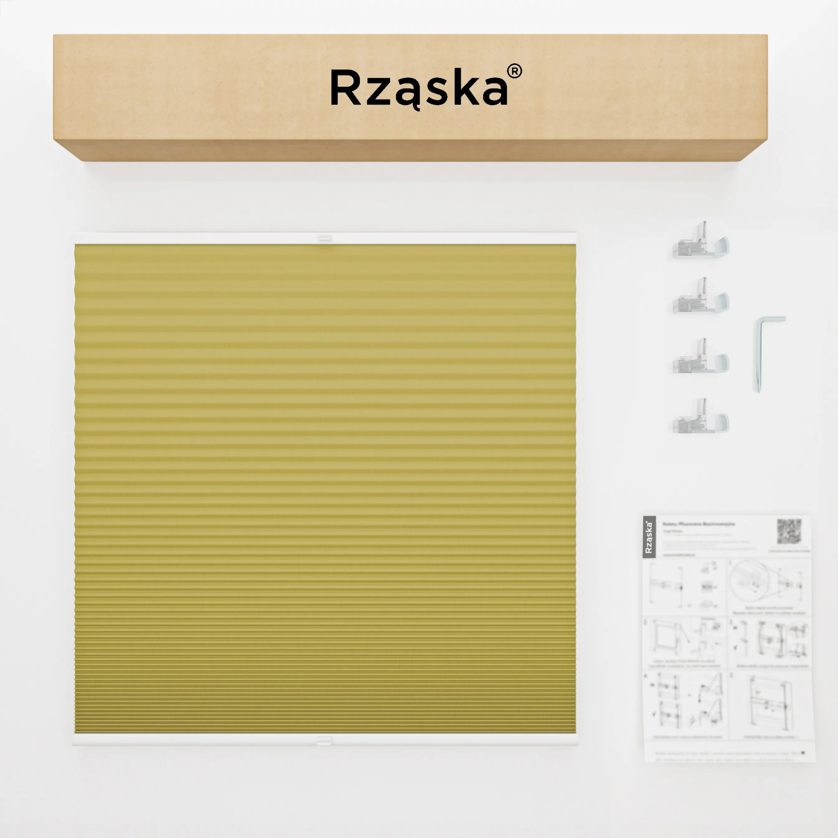 Bezinwazyjne plisy okienne Rząska® na wymiar o strukturze plastra miodu kolekcja Honeycomb w kolorze Gałązka oliwna, żółtym z profilem białym.