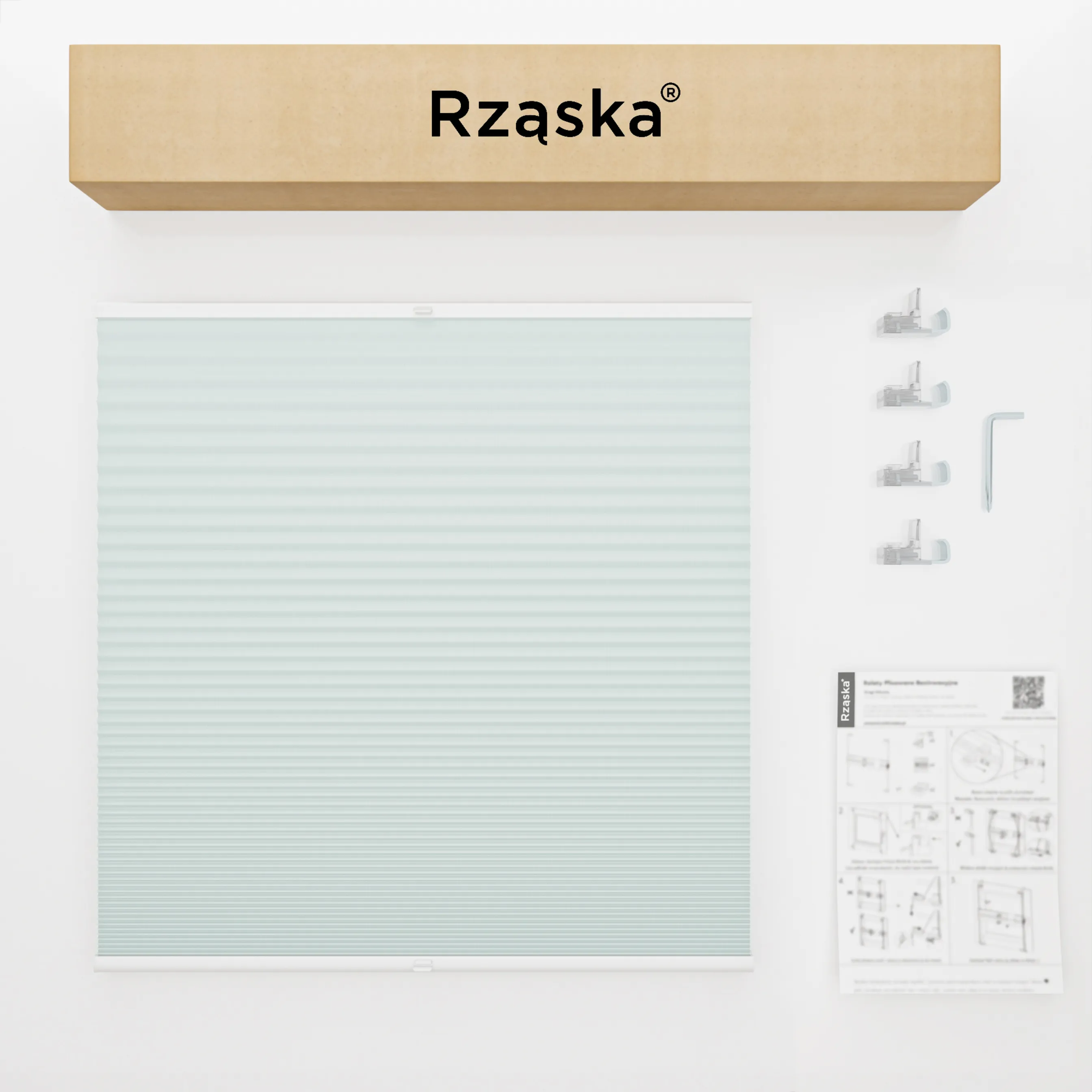 Bezinwazyjne plisy okienne Rząska® na wymiar o strukturze plastra miodu kolekcja Honeycomb w kolorze Siódme niebo, pastolowy błękit z profilem dębowym.