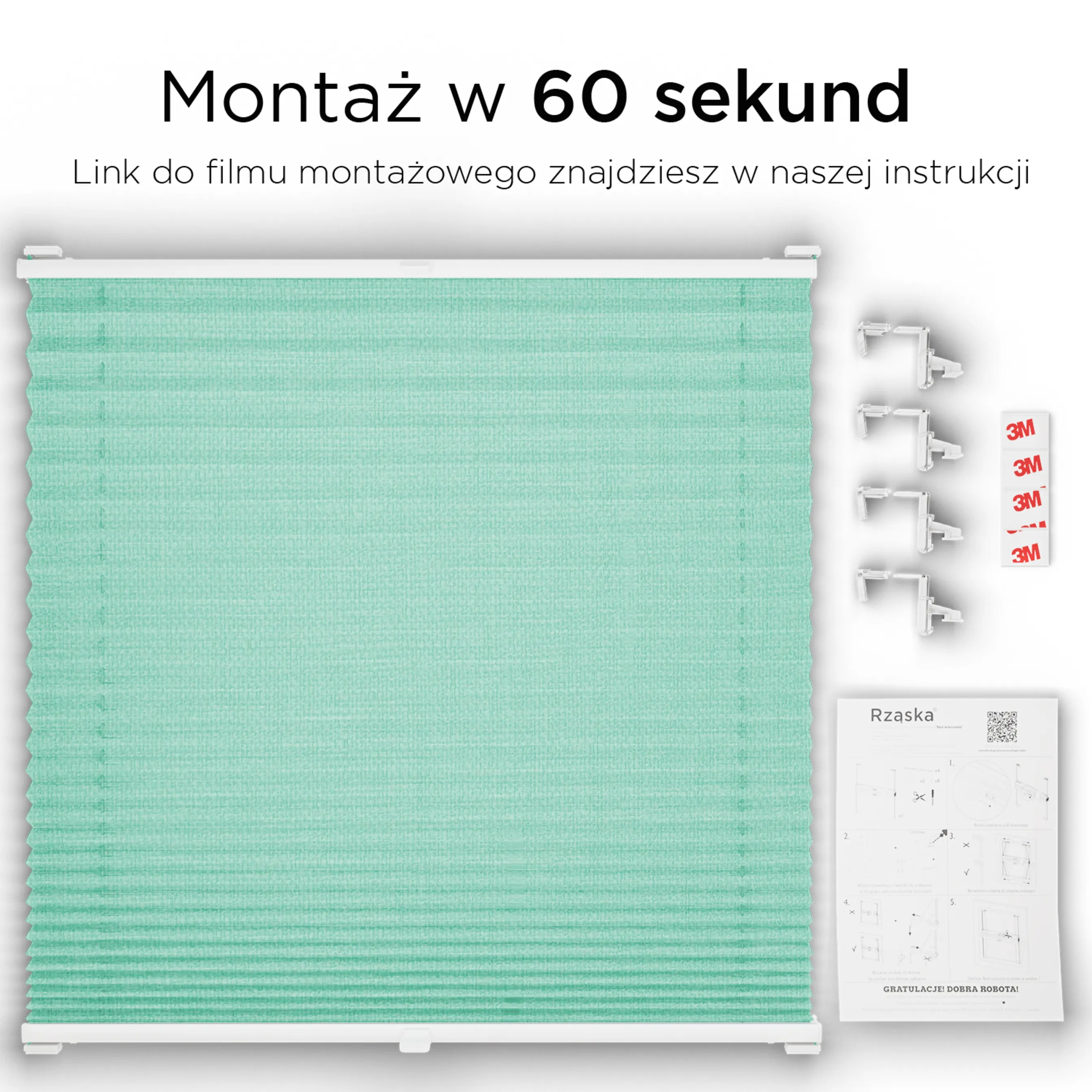 Bezinwazyjne plisy okienne Rząska® na wymiar, uchwyty Risinfix Incognito X do zaciskania, kolekcja Melange w kolorze Miętowe lody, zielonym z profilem antracytowym.