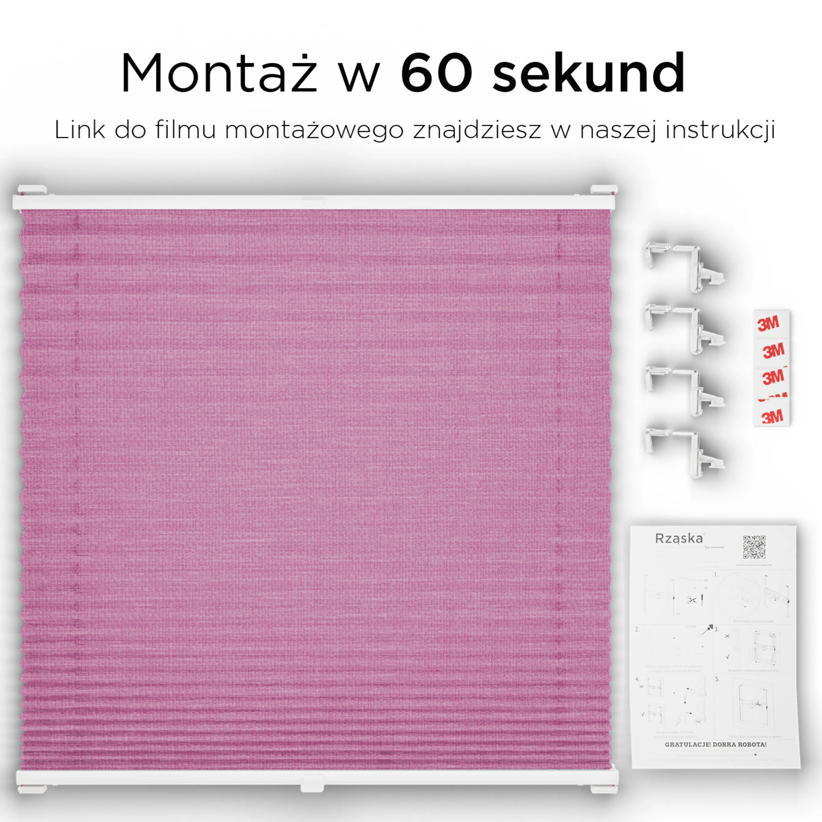 Bezinwazyjne plisy okienne Rząska® na wymiar, uchwyty Risinfix Incognito X do zaciskania, kolekcja Melange w kolorze Magiczny róż, różowym z profilem srebrnym.