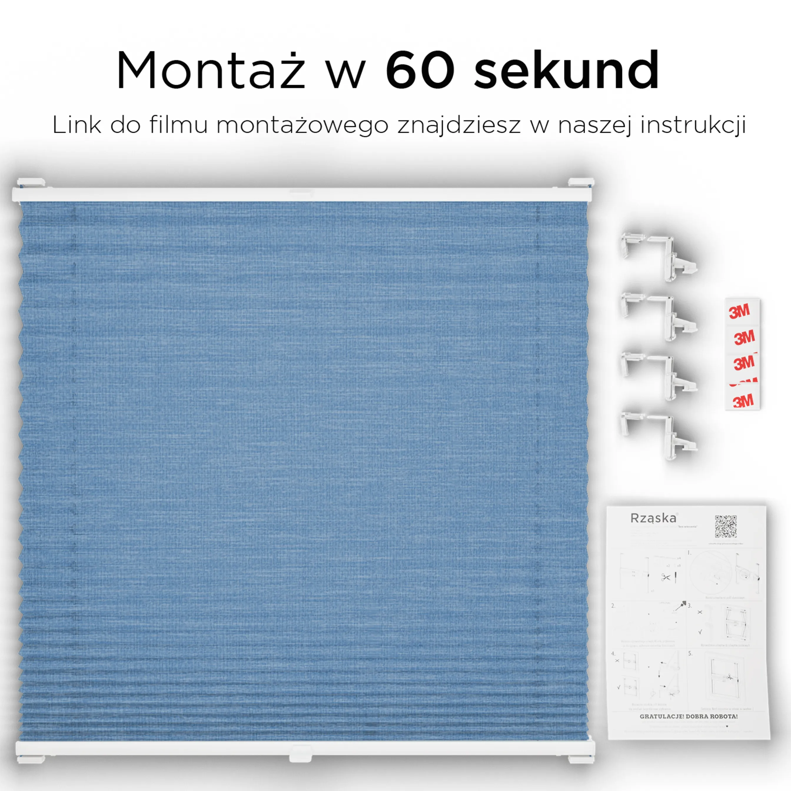 Bezinwazyjne plisy okienne Rząska® na wymiar, uchwyty Risinfix Incognito X do zaciskania, kolekcja Melange w kolorze Głębokie morze, niebieskim z profilem białym.