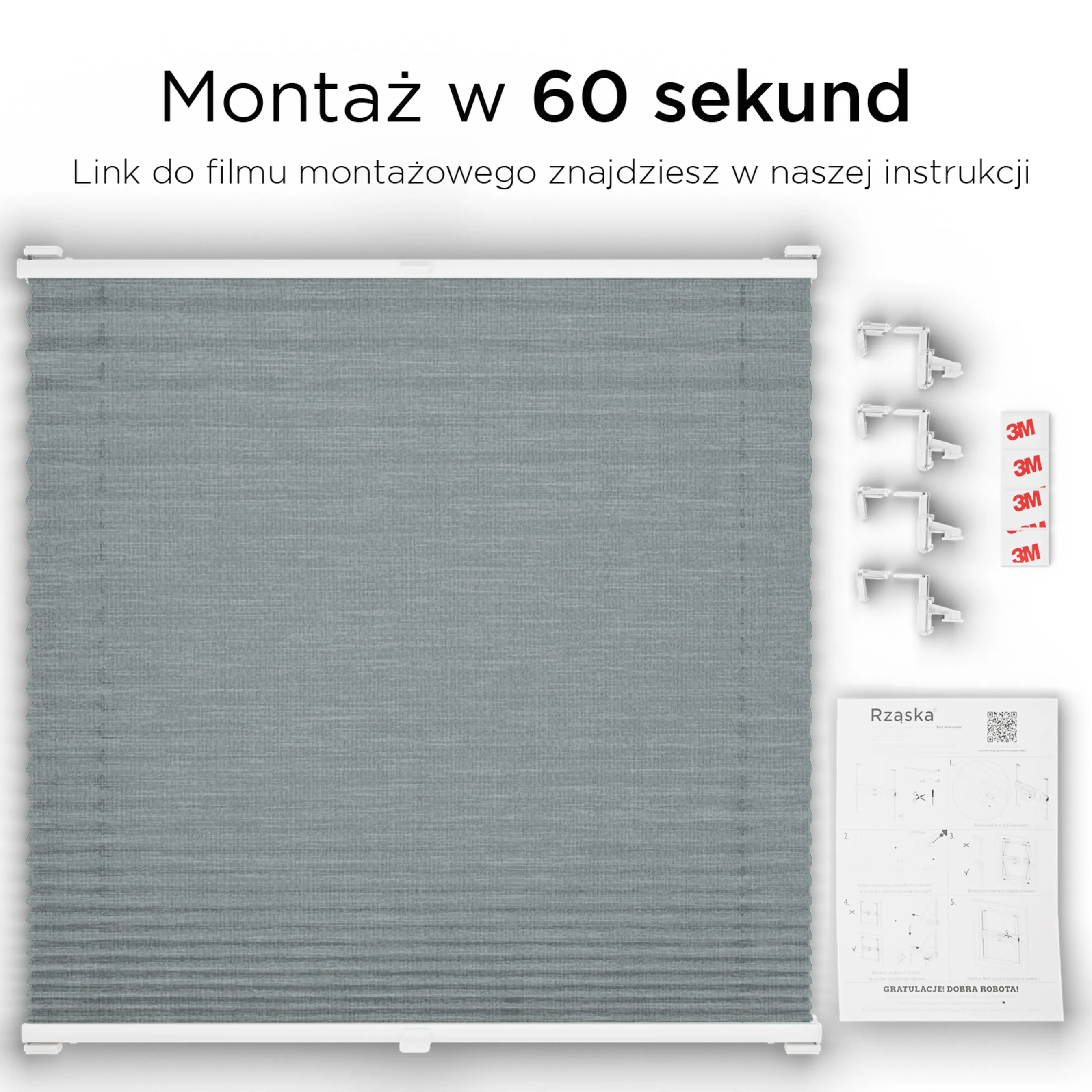 Bezinwazyjne plisy okienne Rząska® na wymiar, uchwyty Risinfix Incognito X do zaciskania, kolekcja Melange w kolorze Góry skaliste, szarym z profilem srebrnym.