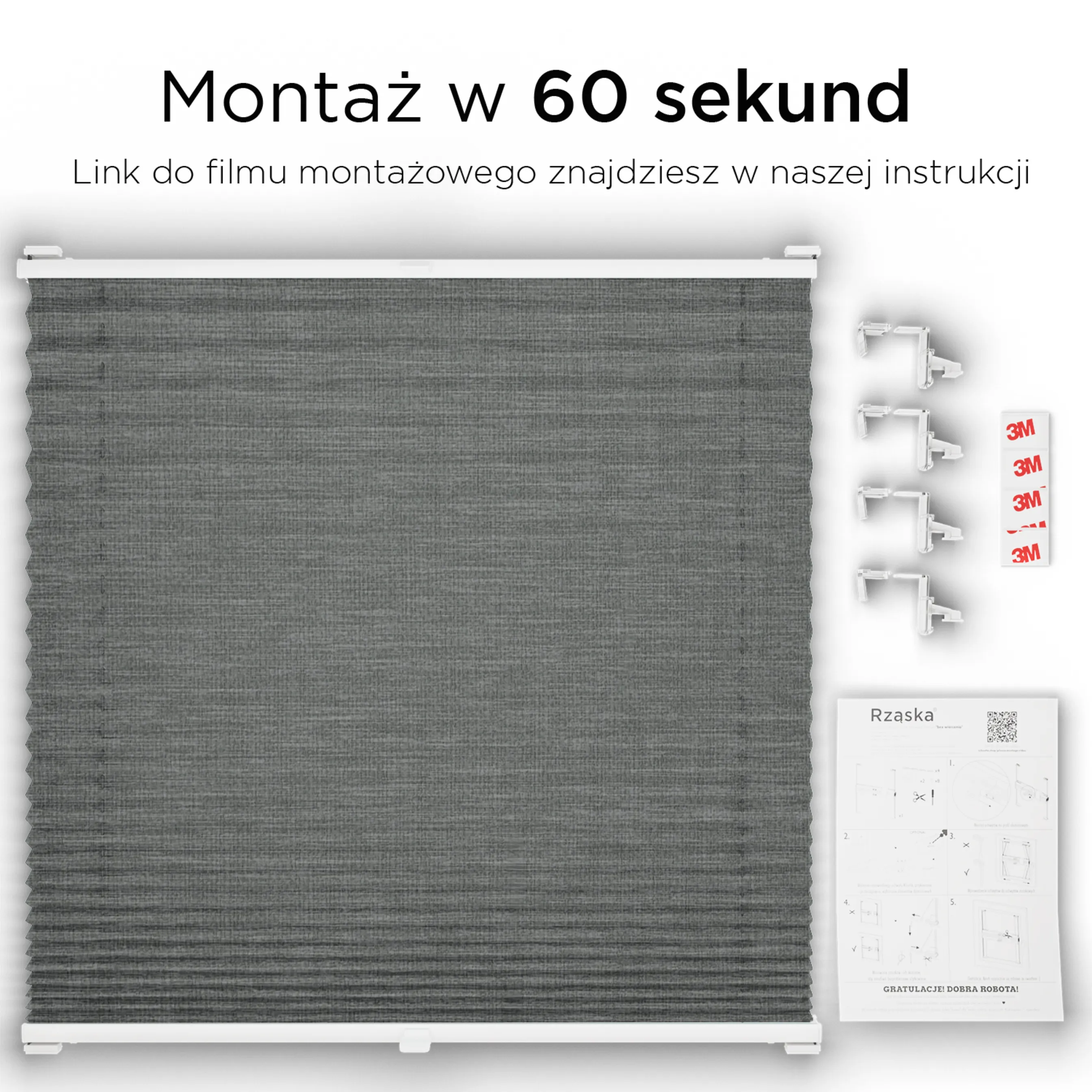 Bezinwazyjne plisy okienne Rząska® na wymiar, uchwyty Risinfix Incognito X do zaciskania, kolekcja Melange w kolorze Czarna perła, czarnym z profilem dębowym.