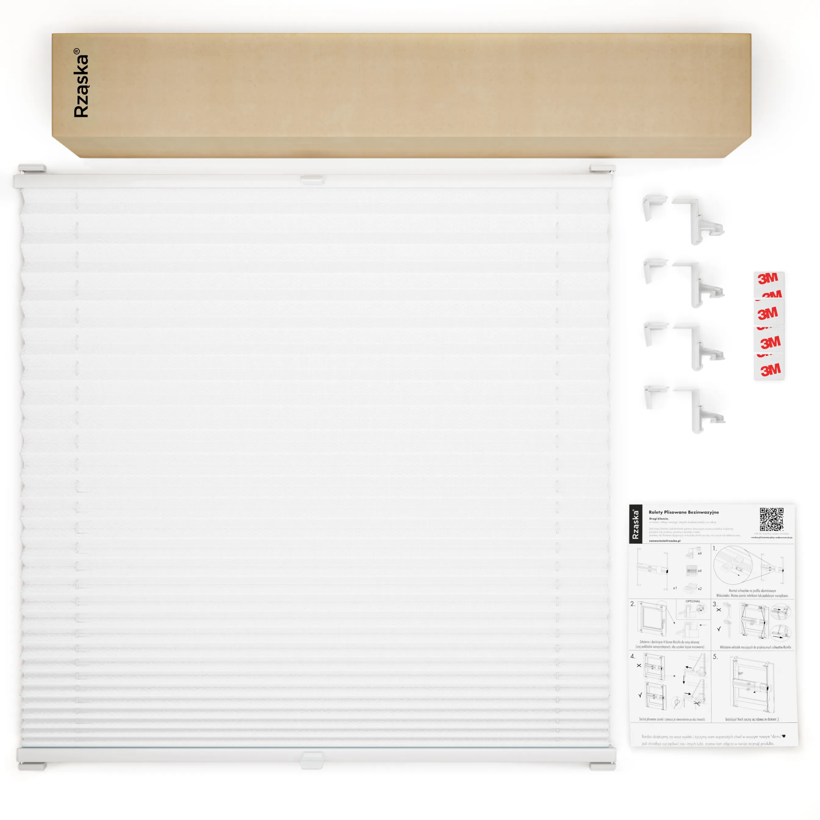 Bezinwazyjne plisy okienne Rząska® na wymiar, uchwyty Risinfix Incognito X do zaciskania, kolekcja Premium w kolorze Białe święto, białym z profilem dębowym.