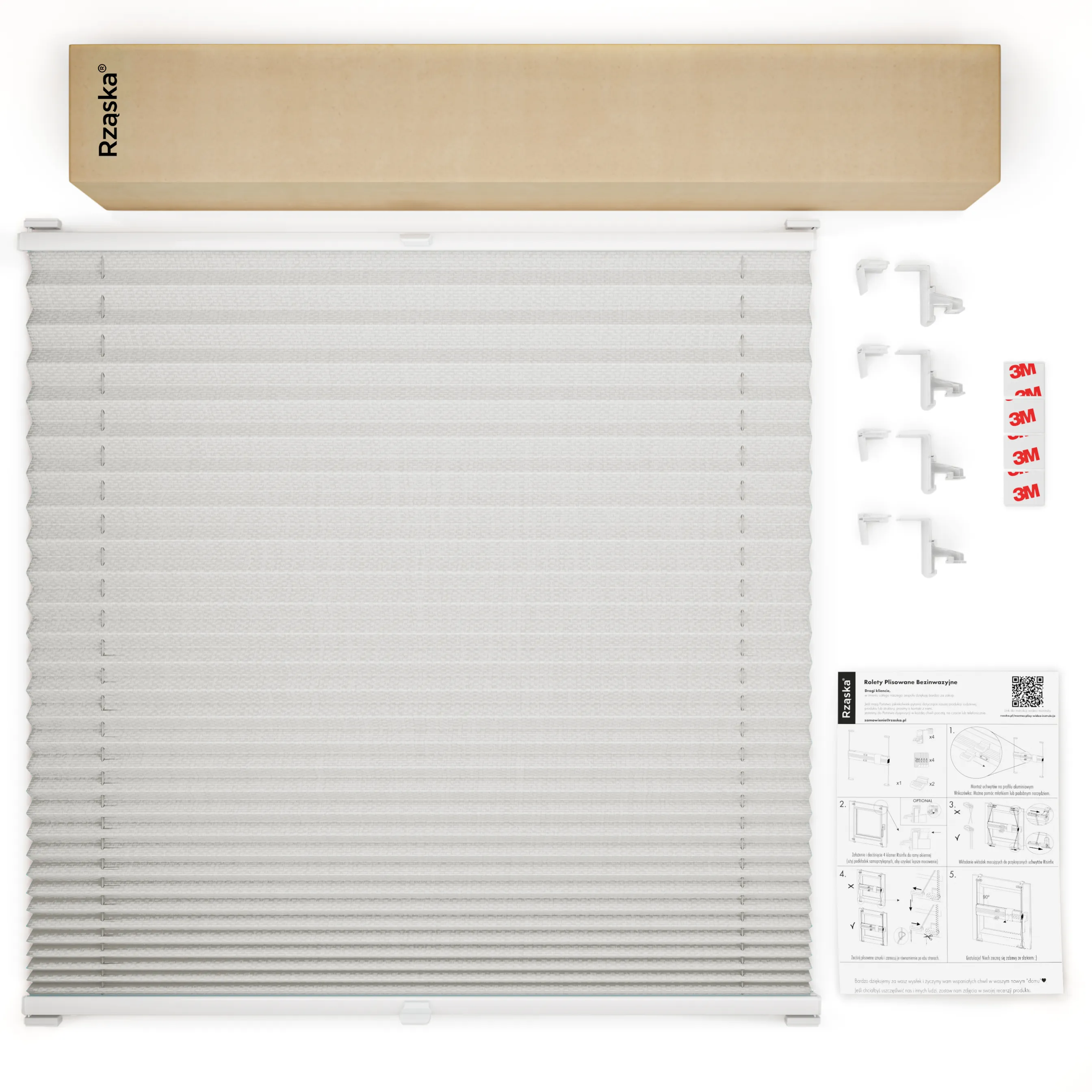 Bezinwazyjne plisy okienne Rząska® na wymiar, uchwyty Risinfix Incognito X do zaciskania, kolekcja Premium w kolorze Droga do domu, srebrnym z profilem białym.