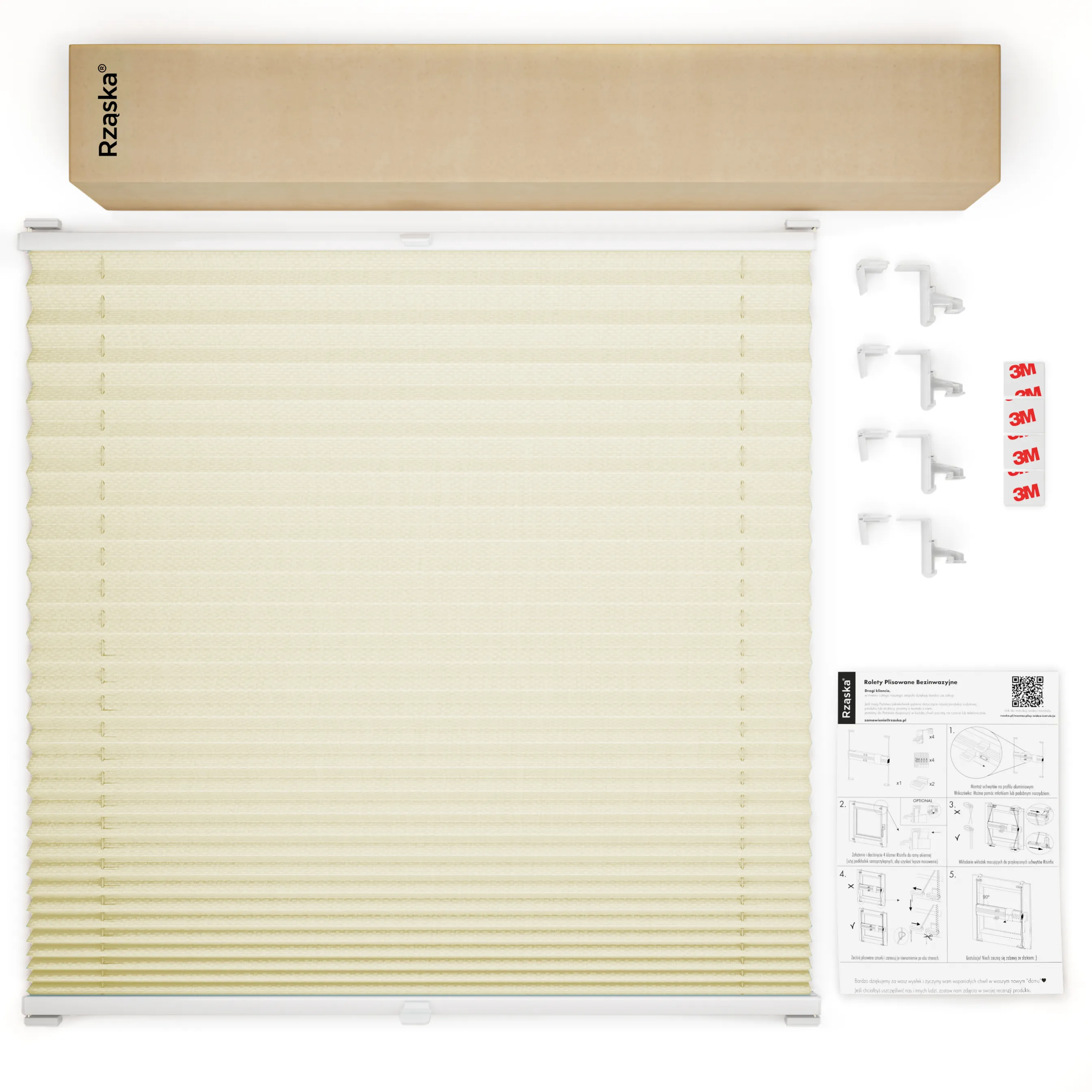 Bezinwazyjne plisy okienne Rząska® na wymiar, uchwyty Risinfix Incognito X do zaciskania, kolekcja Premium w kolorze Lody waniliowe, kremowym z profilem antracytowym.