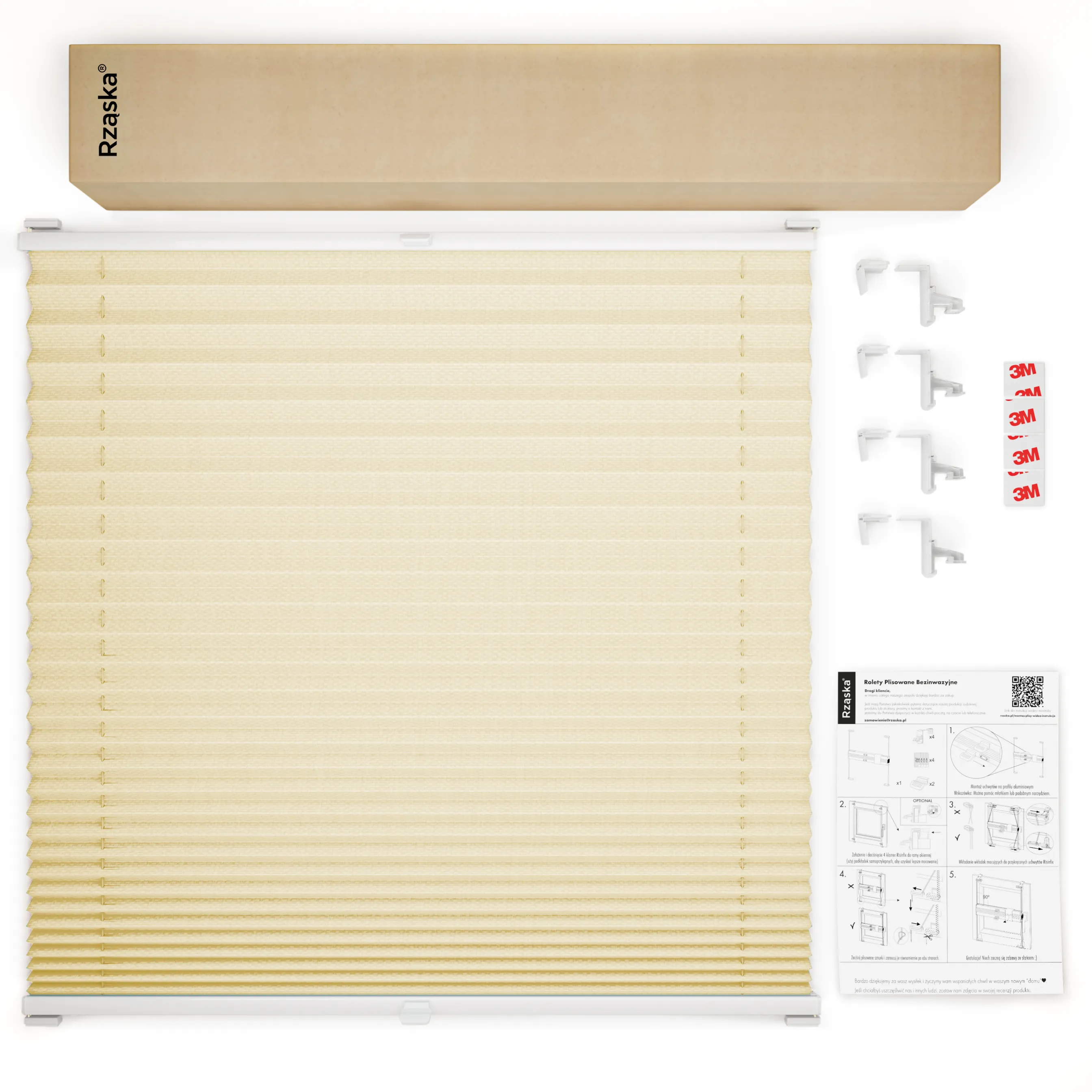 Bezinwazyjne plisy okienne Rząska® na wymiar, uchwyty Risinfix Incognito X do zaciskania, kolekcja Premium w kolorze Piasek Sahary, beżowym z profilem białym.