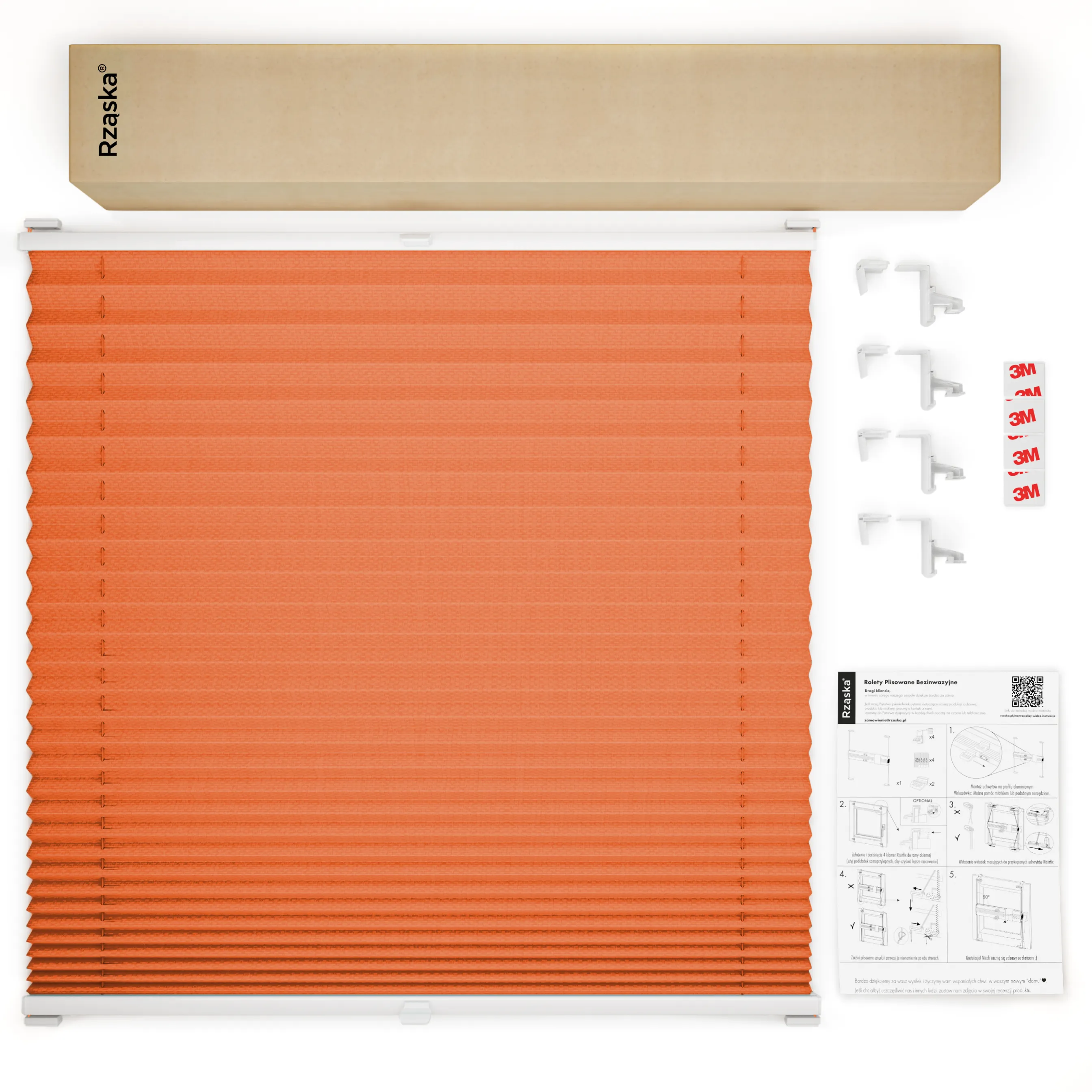 Bezinwazyjne plisy okienne Rząska® na wymiar, uchwyty Risinfix Incognito X do zaciskania, kolekcja Premium w kolorze Zachód słońca, pomarańczowym z profilem białym.